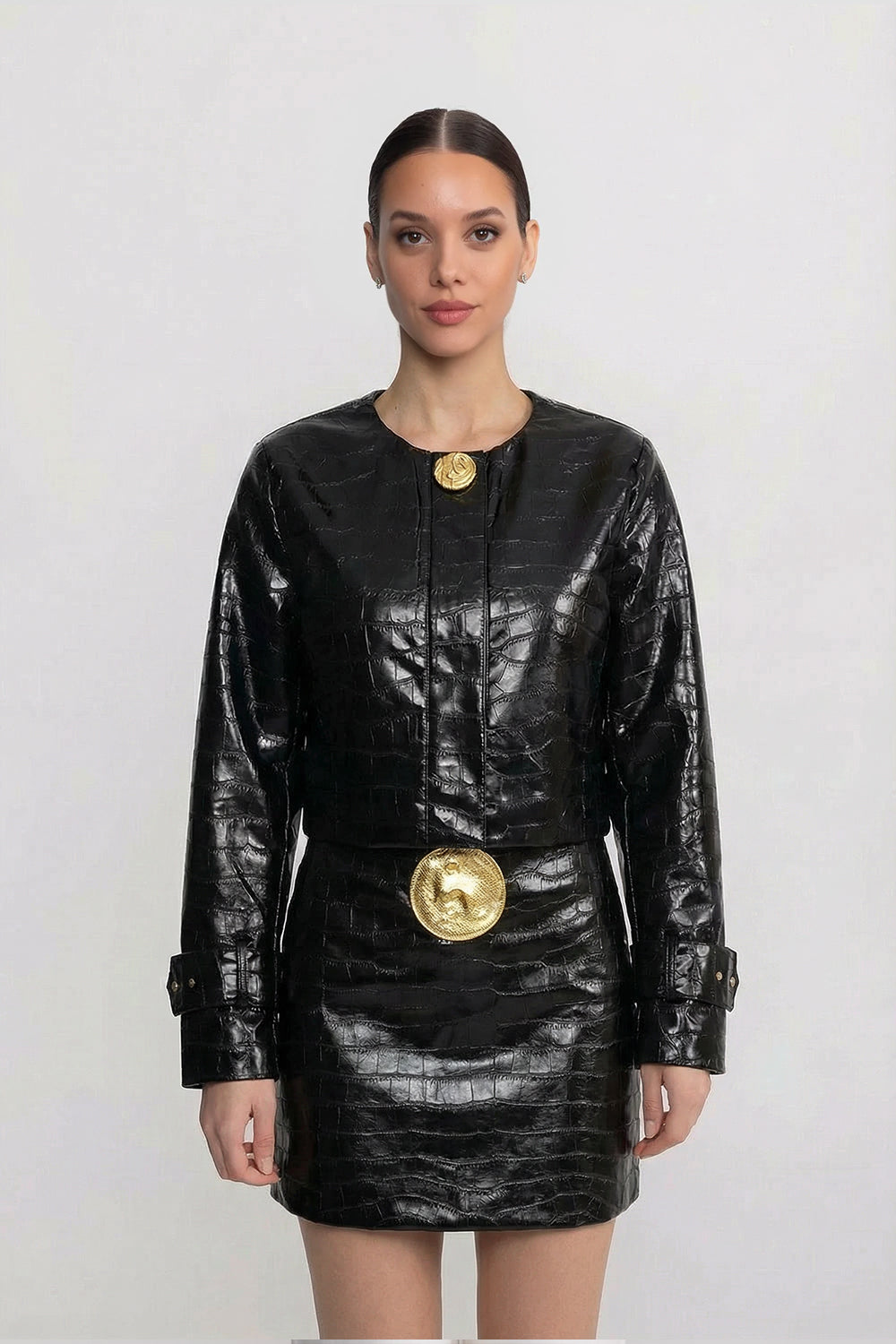 Croc-Effect Mini Skirt With Statement Gold Button - Black