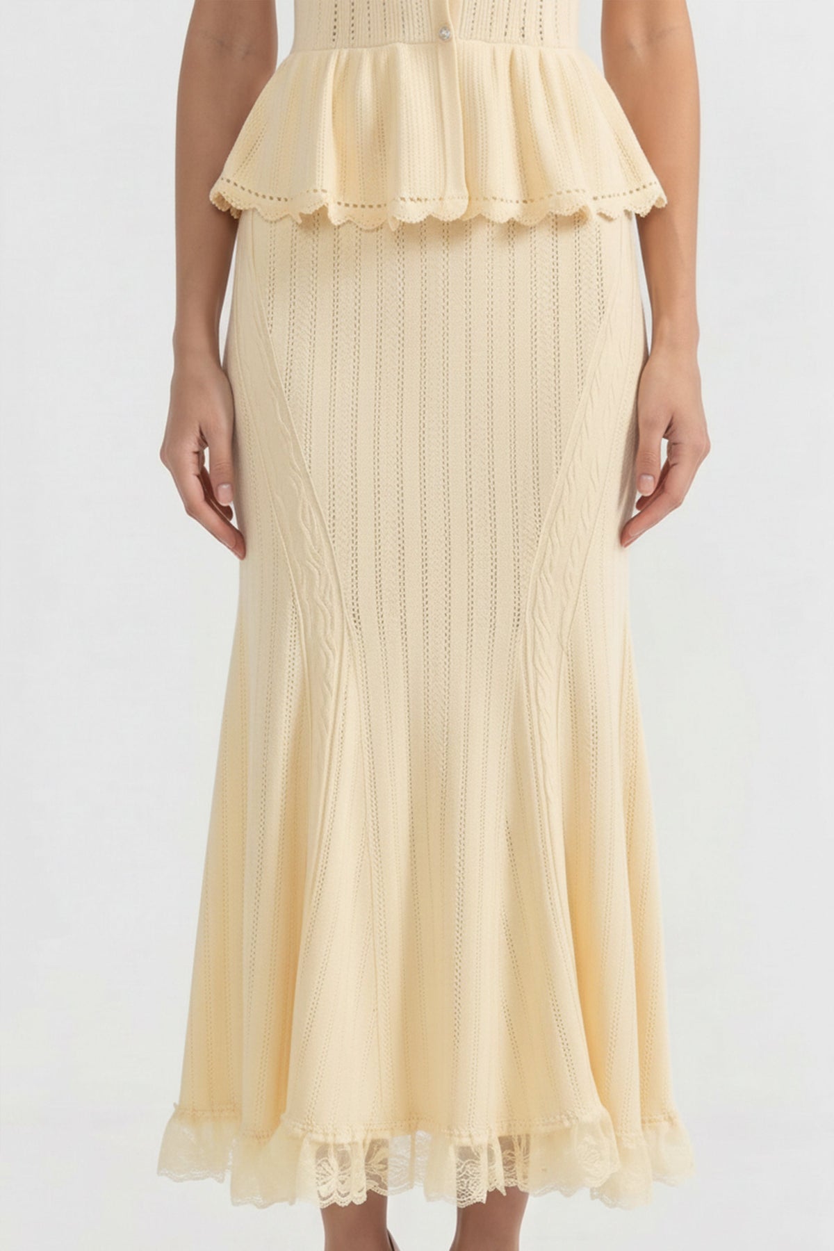 Ludivine Yellow Peter-Pan Collar Knit Peplum Maxi Dress With Lace Hem