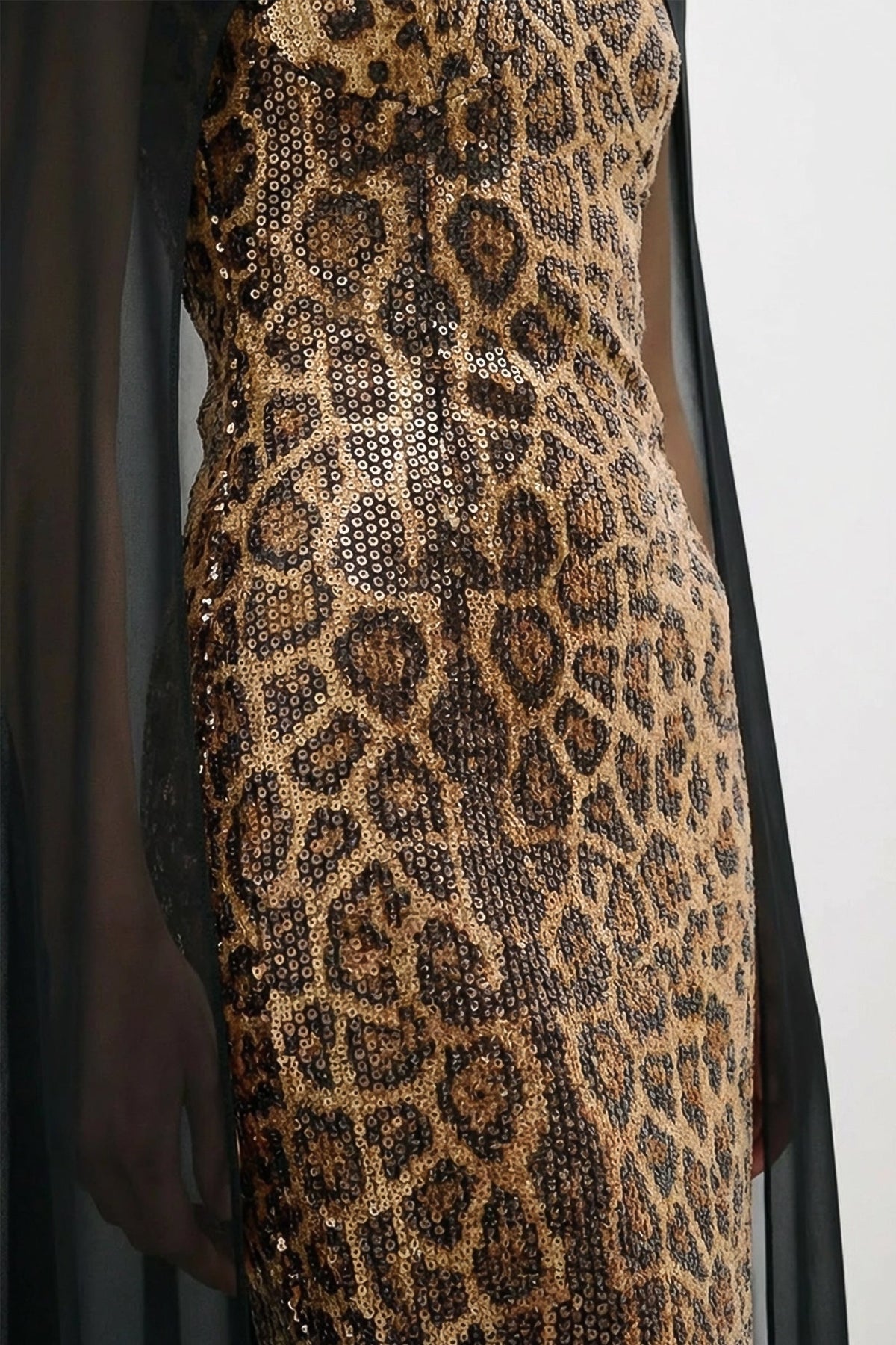 Sequin Maxi Dress with Sheer Cape Overlay – Leopard & Black