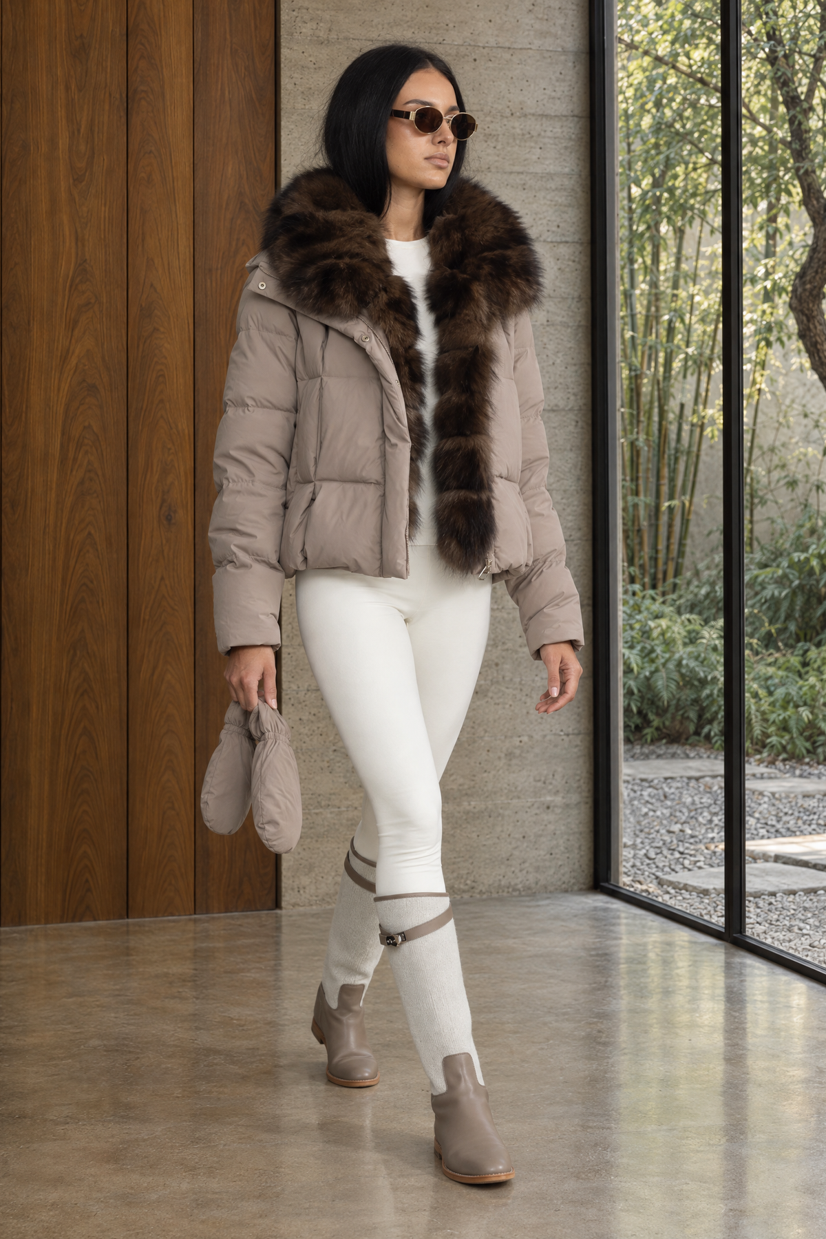 Aliénor Taupe Fox Fur Collar Cropped Down Puffer Jacket