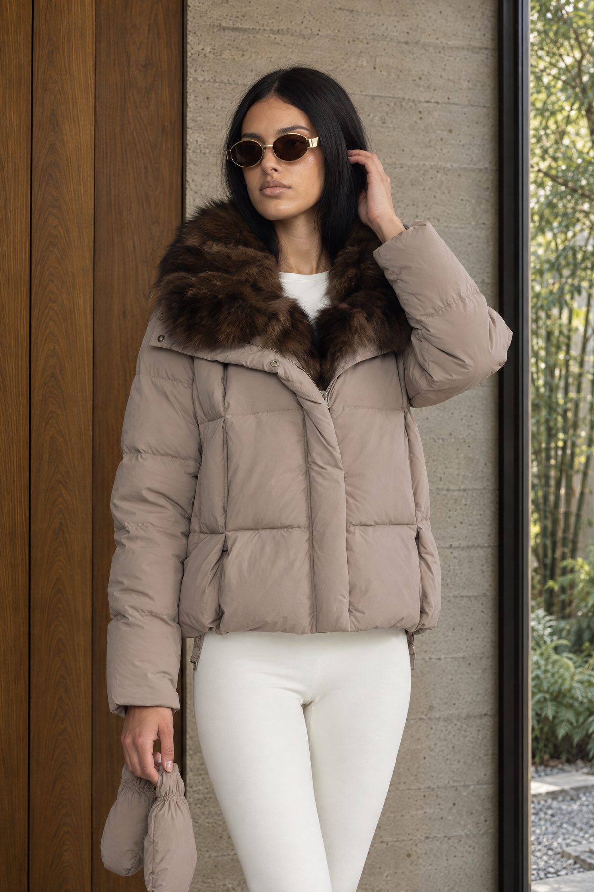 Aliénor Taupe Fox Fur Collar Cropped Down Puffer Jacket