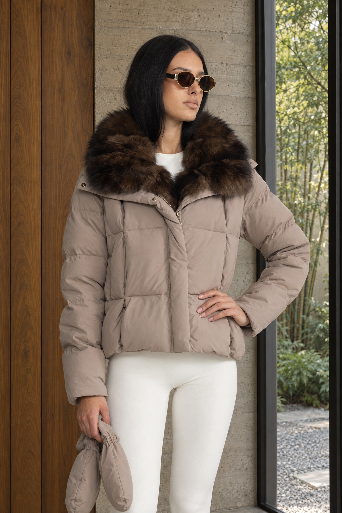 Aliénor Taupe Fox Fur Collar Cropped Down Puffer Jacket