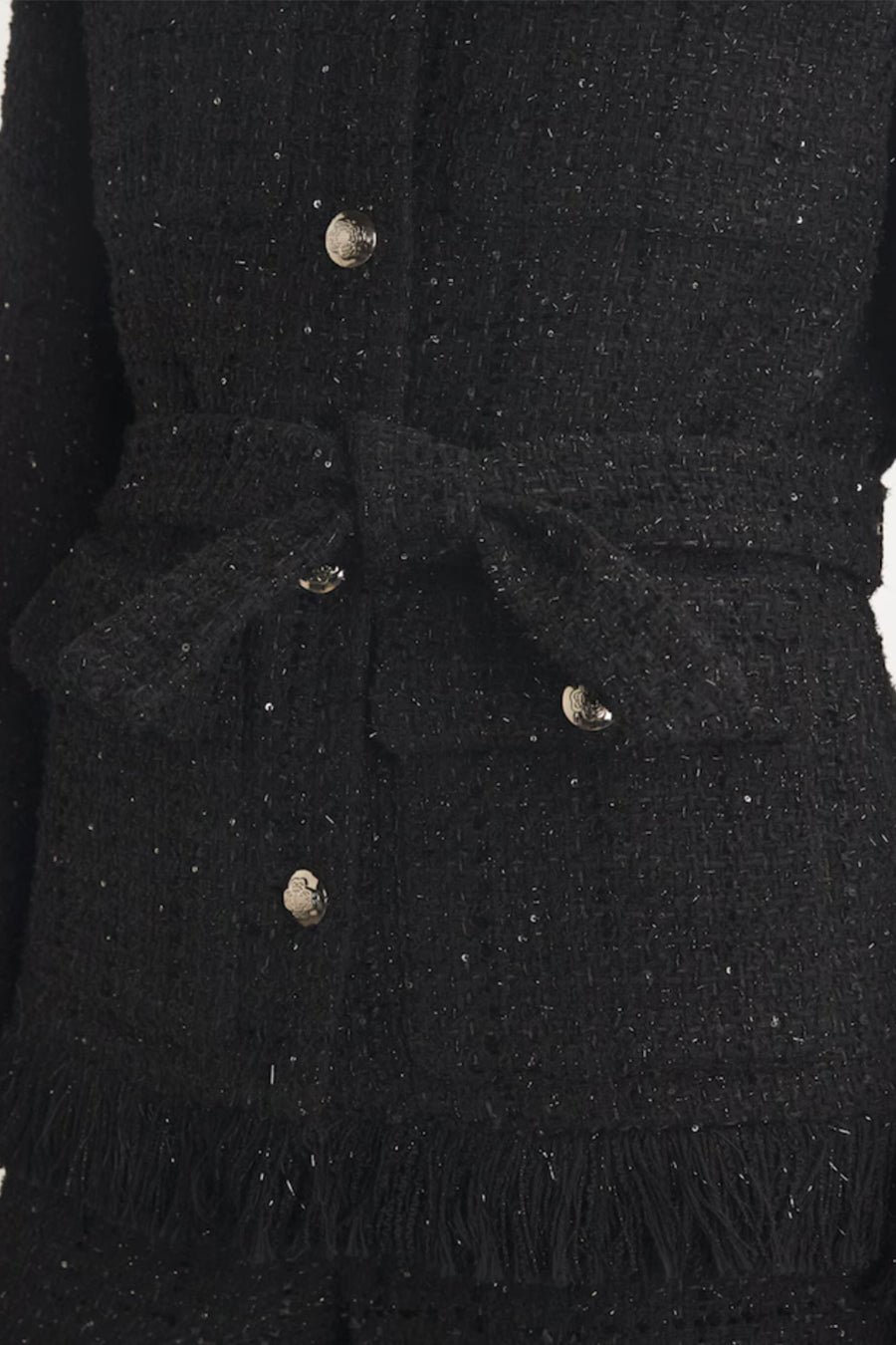 Elegant Tweed Blazer With Waist Belt - Black