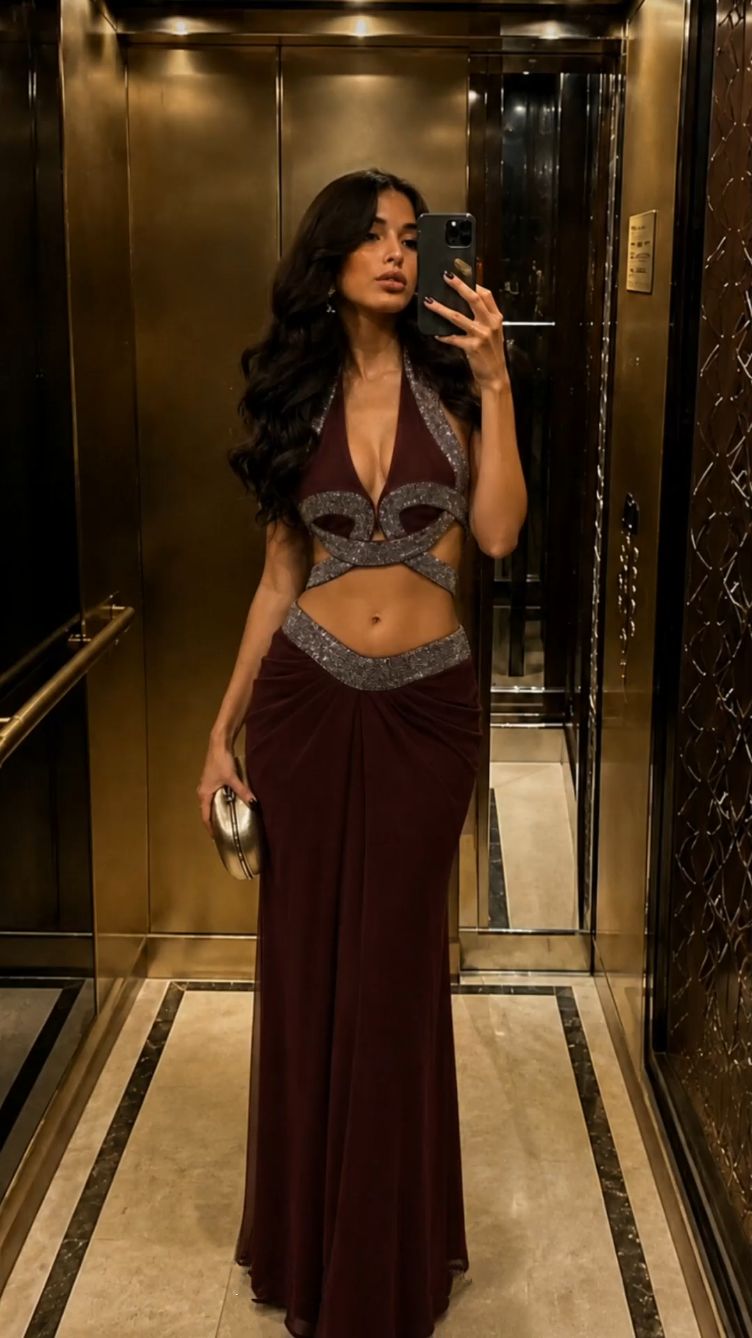 unni brown halterneck rhinestone top & ruched skirt set