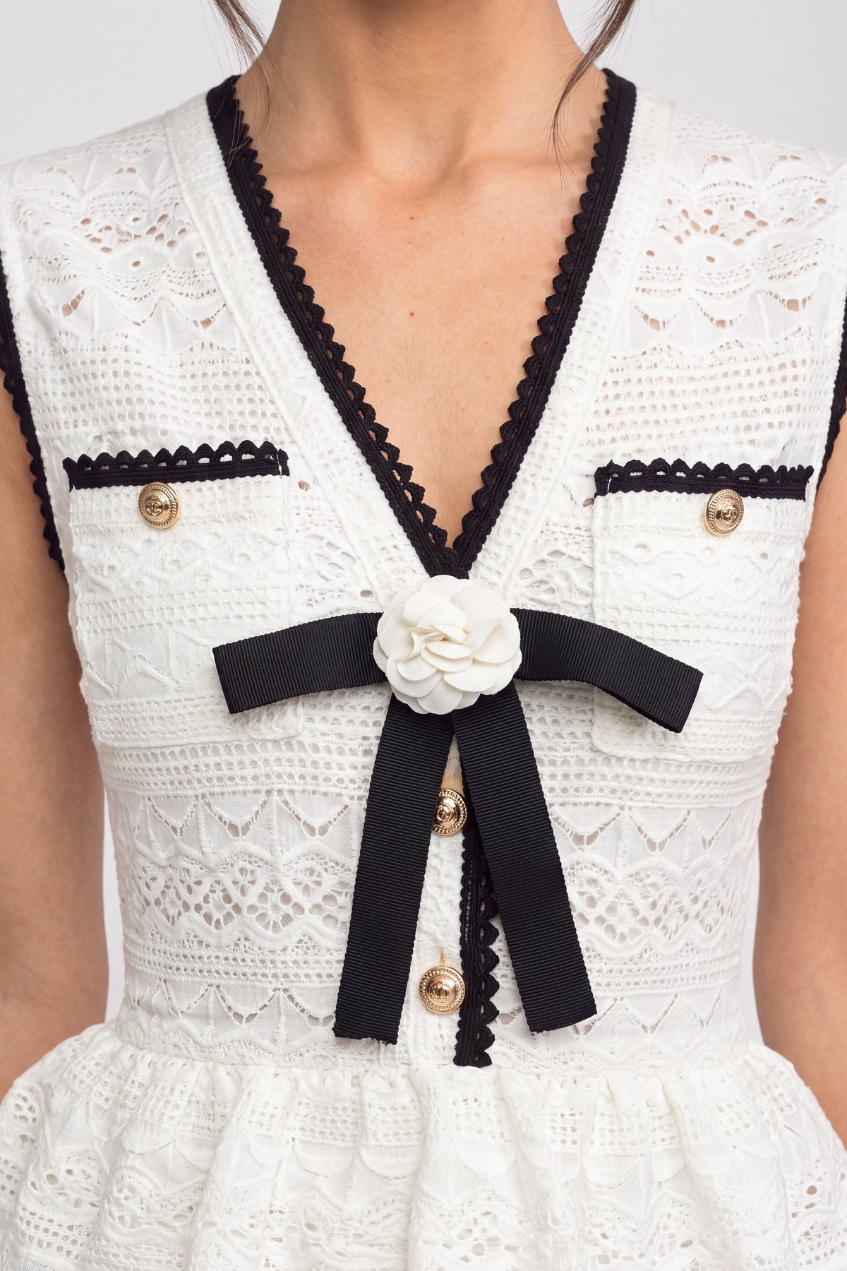 Anouk White Crochet Knit Midi Dress With Black Trim And Bow