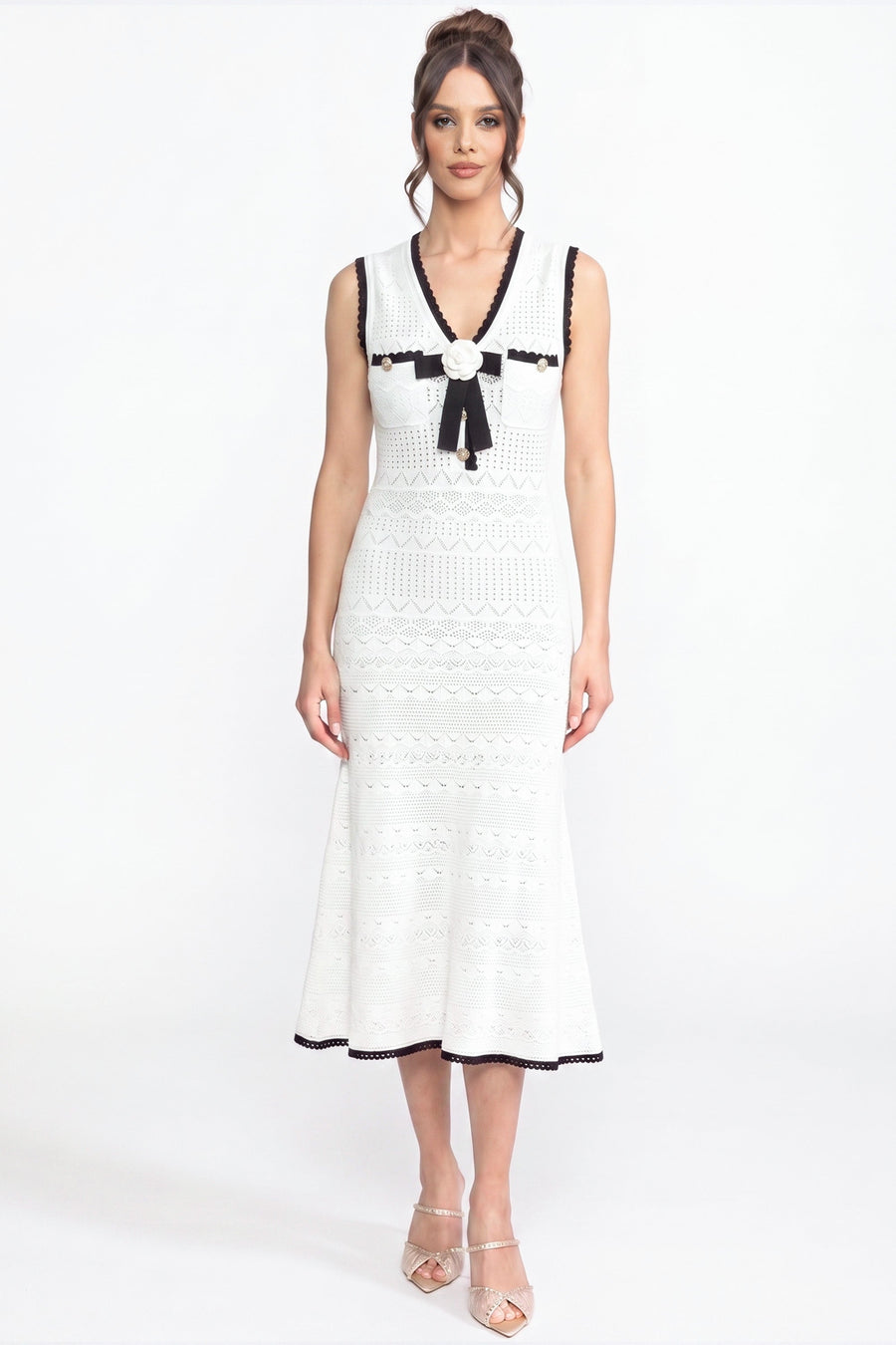 Anouk White Crochet Knit Midi Dress With Black Trim And Bow