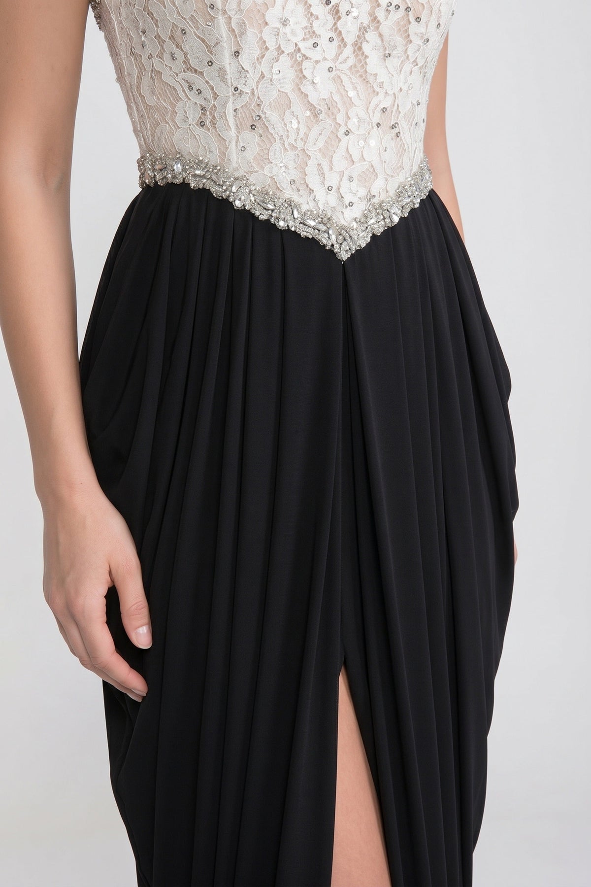 Strapless Gown With 3D Floral Corset Bodice And Draped Black Skirt - White+Black