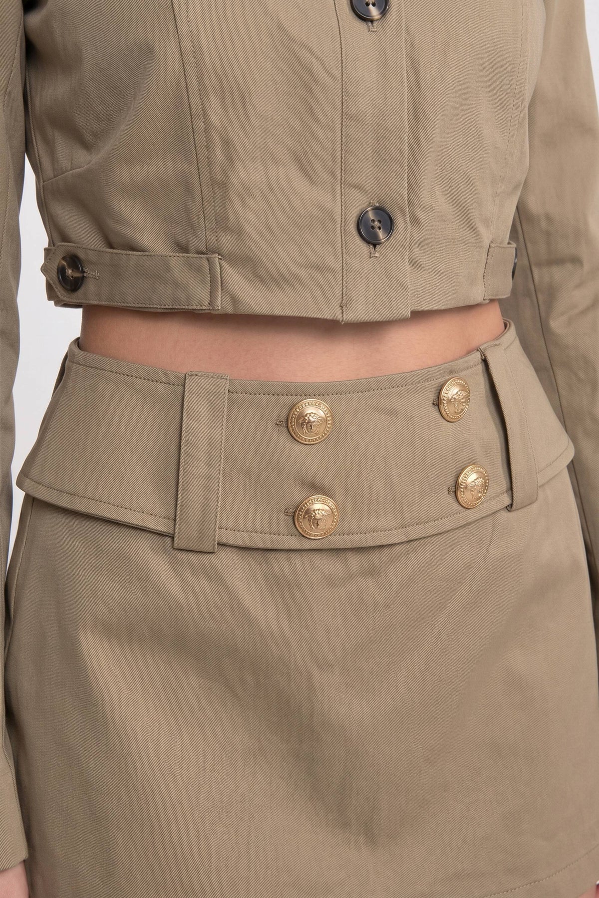 Double-Breasted Cropped Jacket And Mini Skirt Co-Ord Set - Khaki