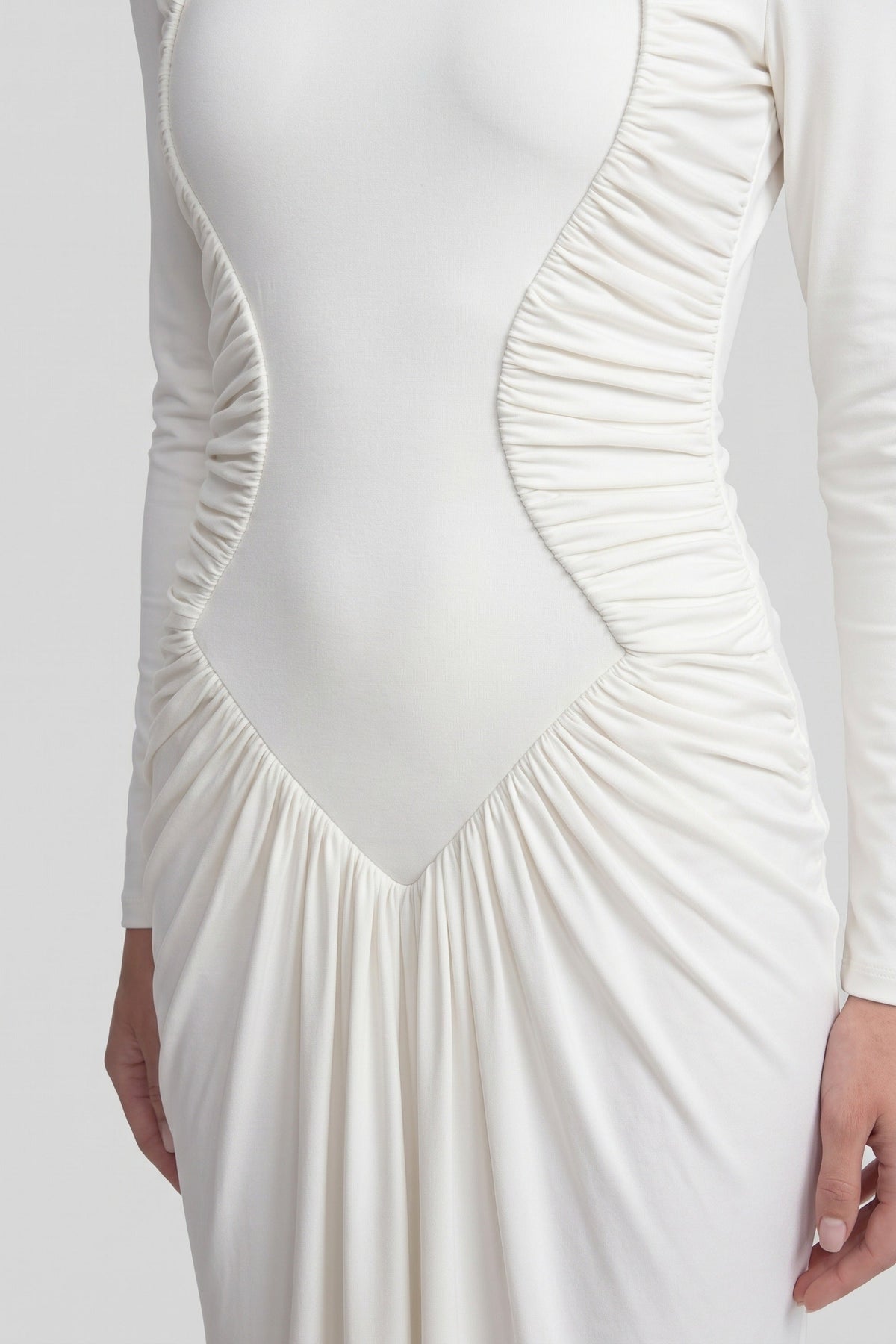 High-Neck Long-Sleeve Ruched Mermaid Gown With Diagonal Drape - White