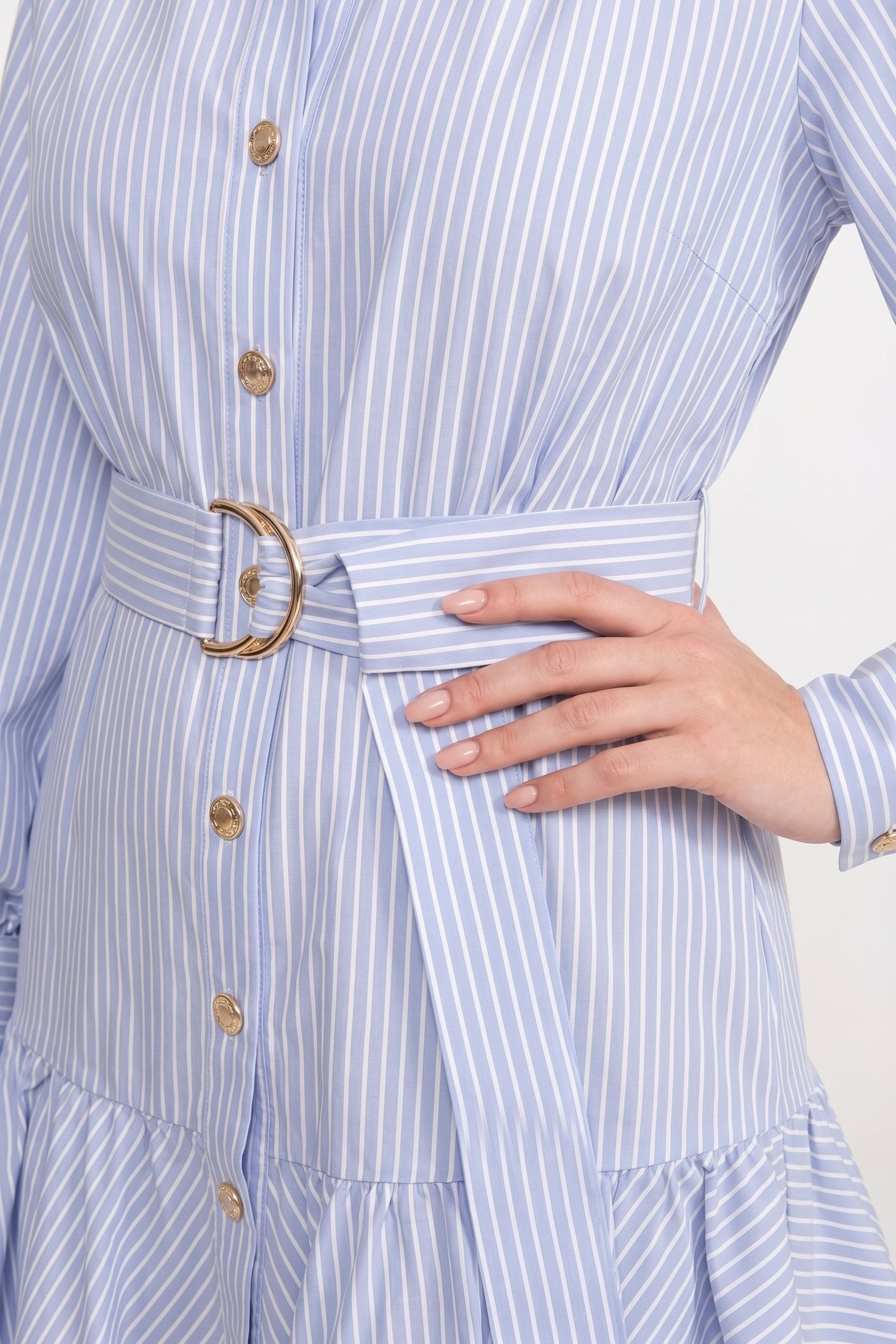 Striped Belted Mini Dress With High Neck And Balloon Sleeves - Blue