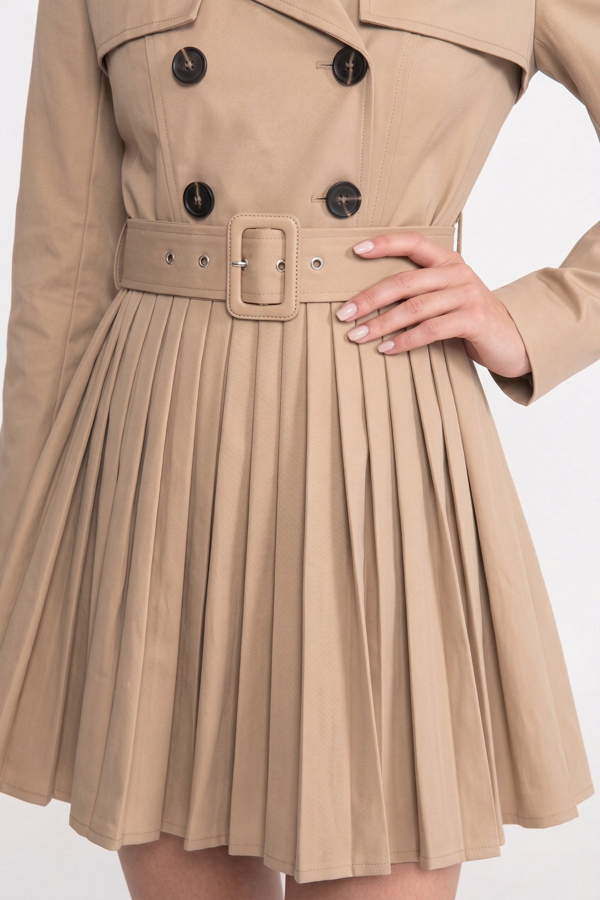 Double-Breasted Belted Trench Coat With Pleated Skirt - Khaki
