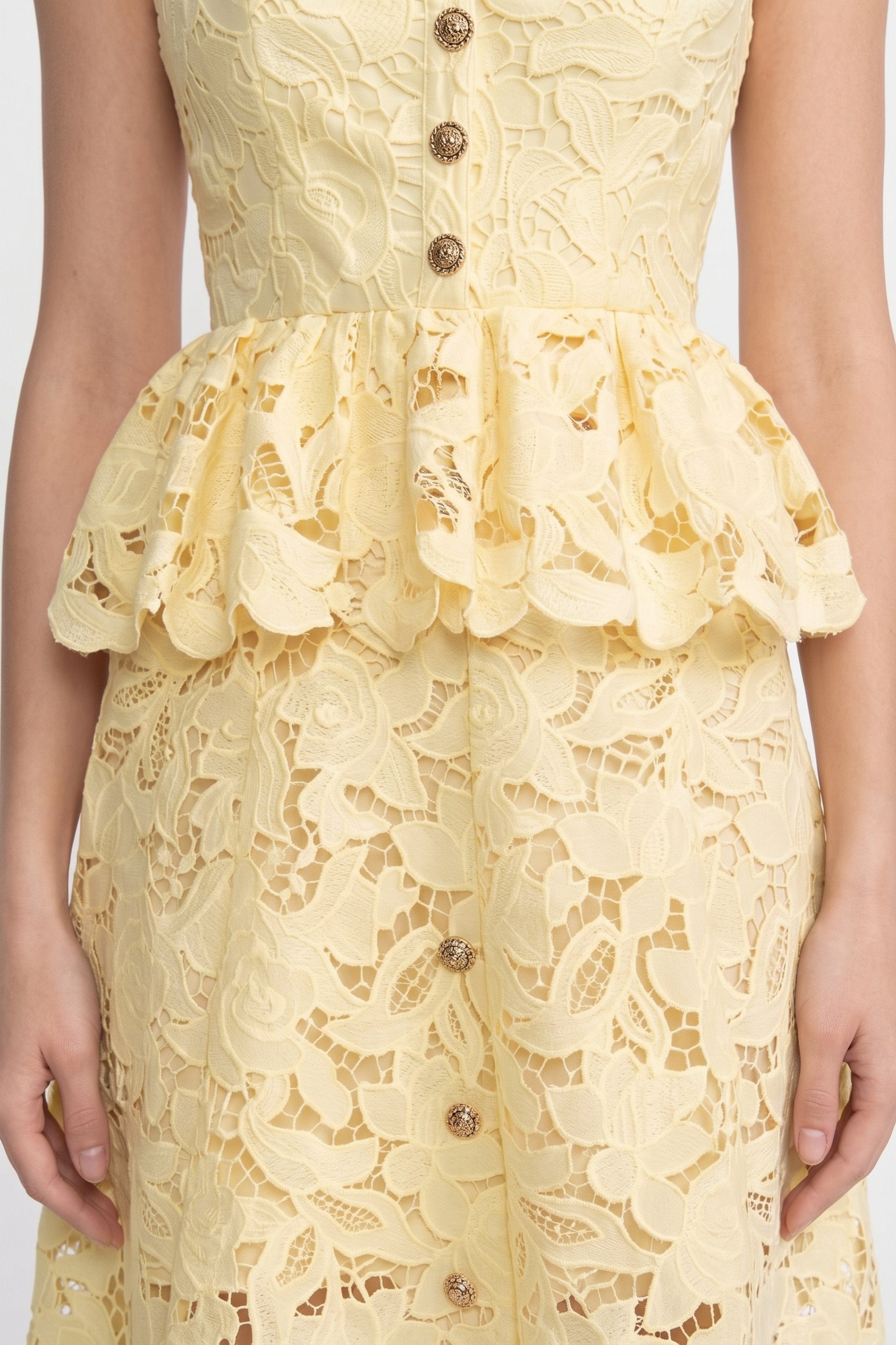 Sleeveless Lace Peplum Dress With Midi Skirt And Golden Buttons - Yellow
