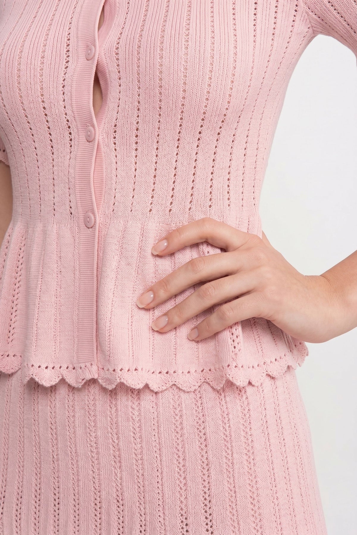 Lucille Pink Peter-Pan Collar Knit Peplum Co-Ord Set With Lace Hem
