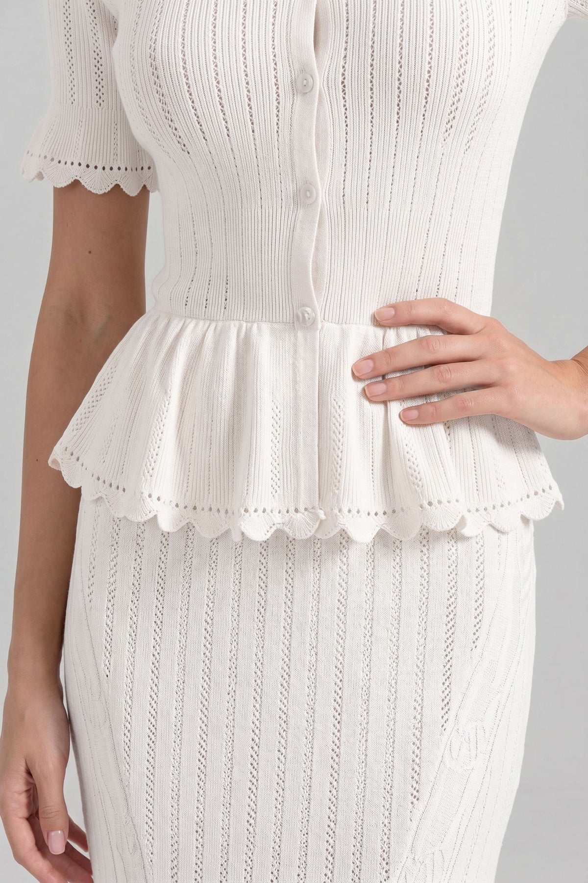 Ludivine White Peter-Pan Collar Knit Peplum Maxi Dress With Lace Hem