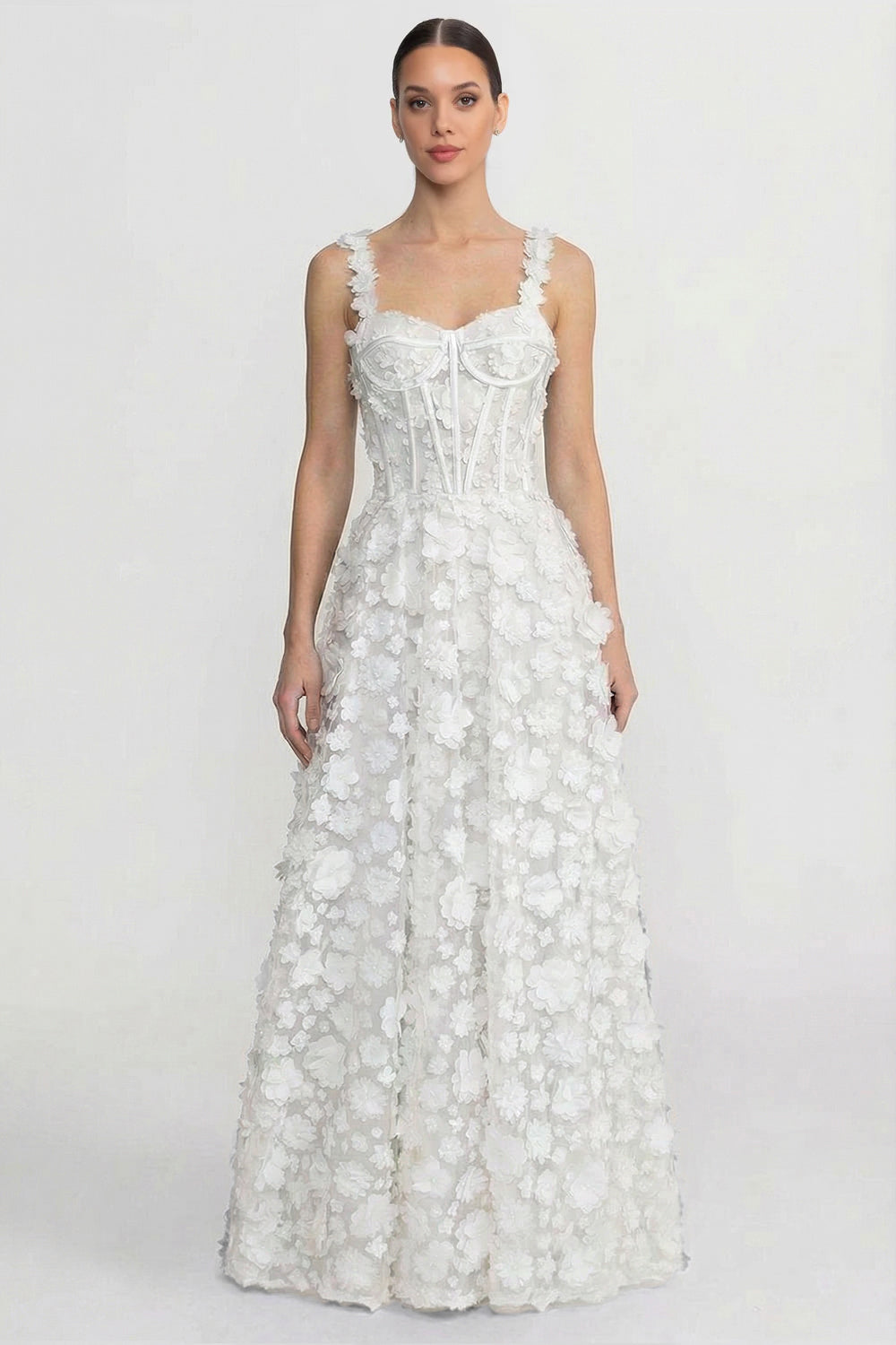 Floral Appliqué Maxi Dress With Corset Bodice - White