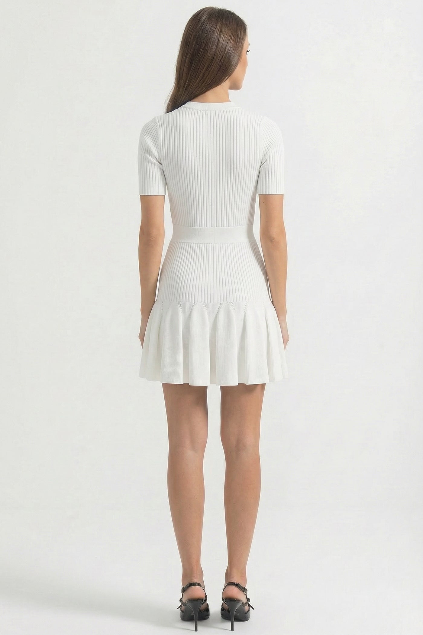 Ribbed Knit Mini Dress With Gold Button Keyhole Neckline - White
