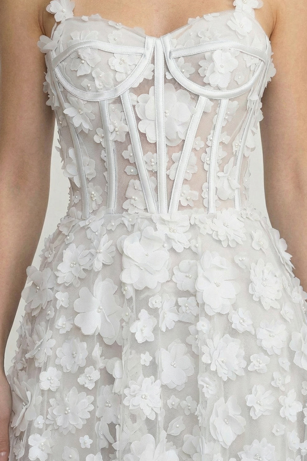 Floral Appliqué Maxi Dress With Corset Bodice - White