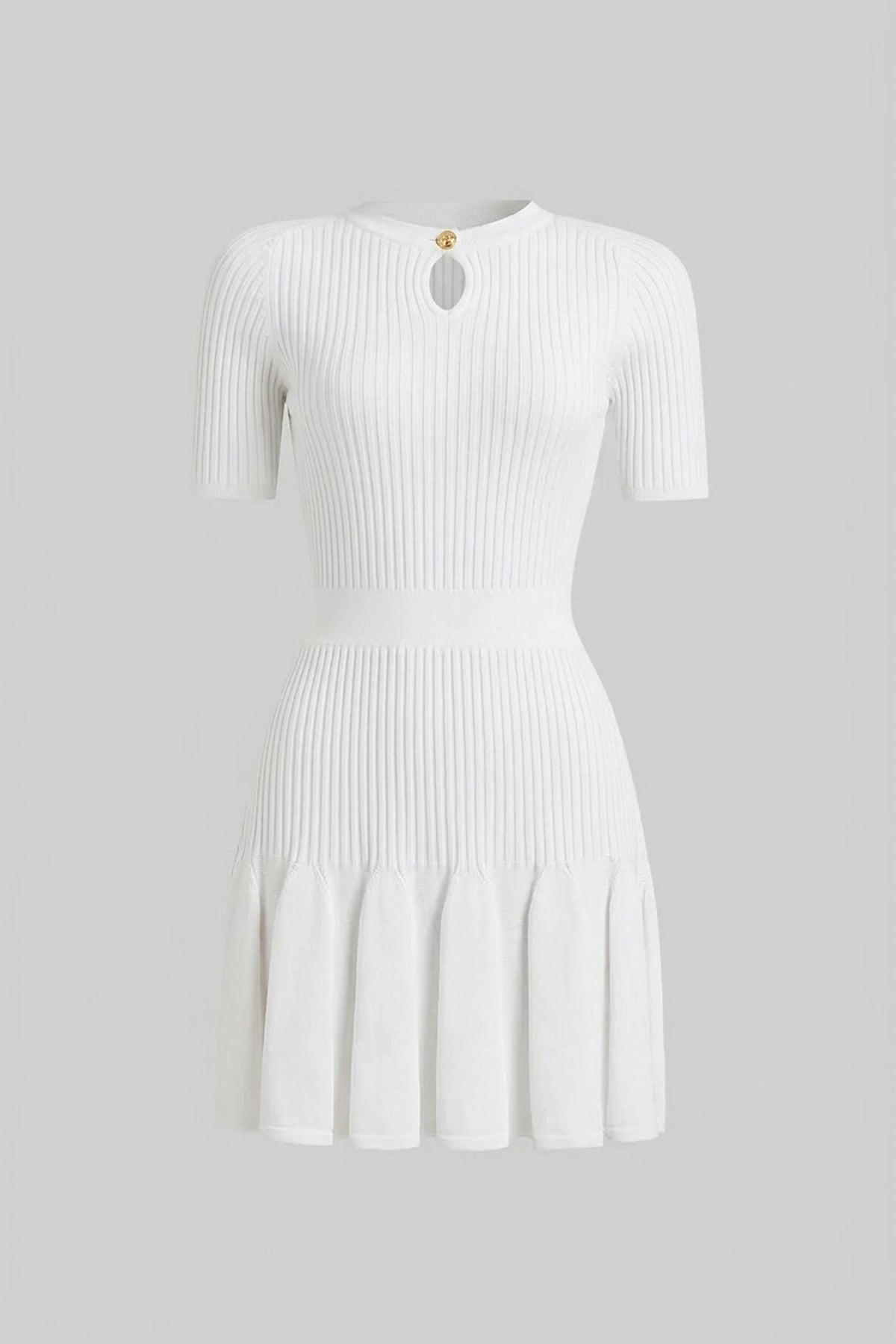 Rosalie White Ribbed Knit Mini Dress With Gold Button Keyhole Neckline