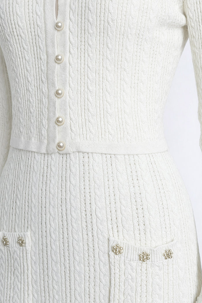 Mirabelle White Ribbed Knit Dress and Cardigan Set With Pearl Button Detailing