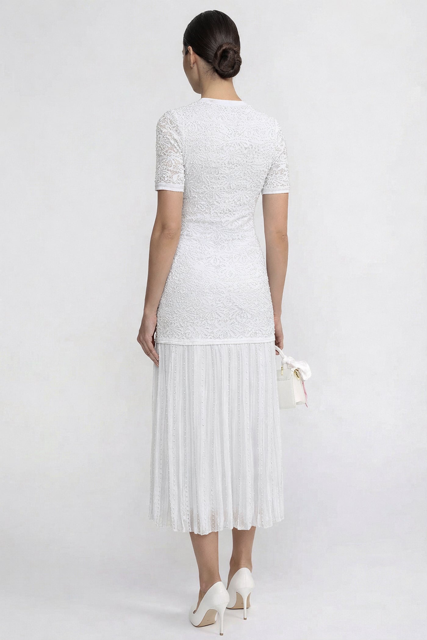 Celestine White Short Sleeve Midi Dress With Pearl Embellishments