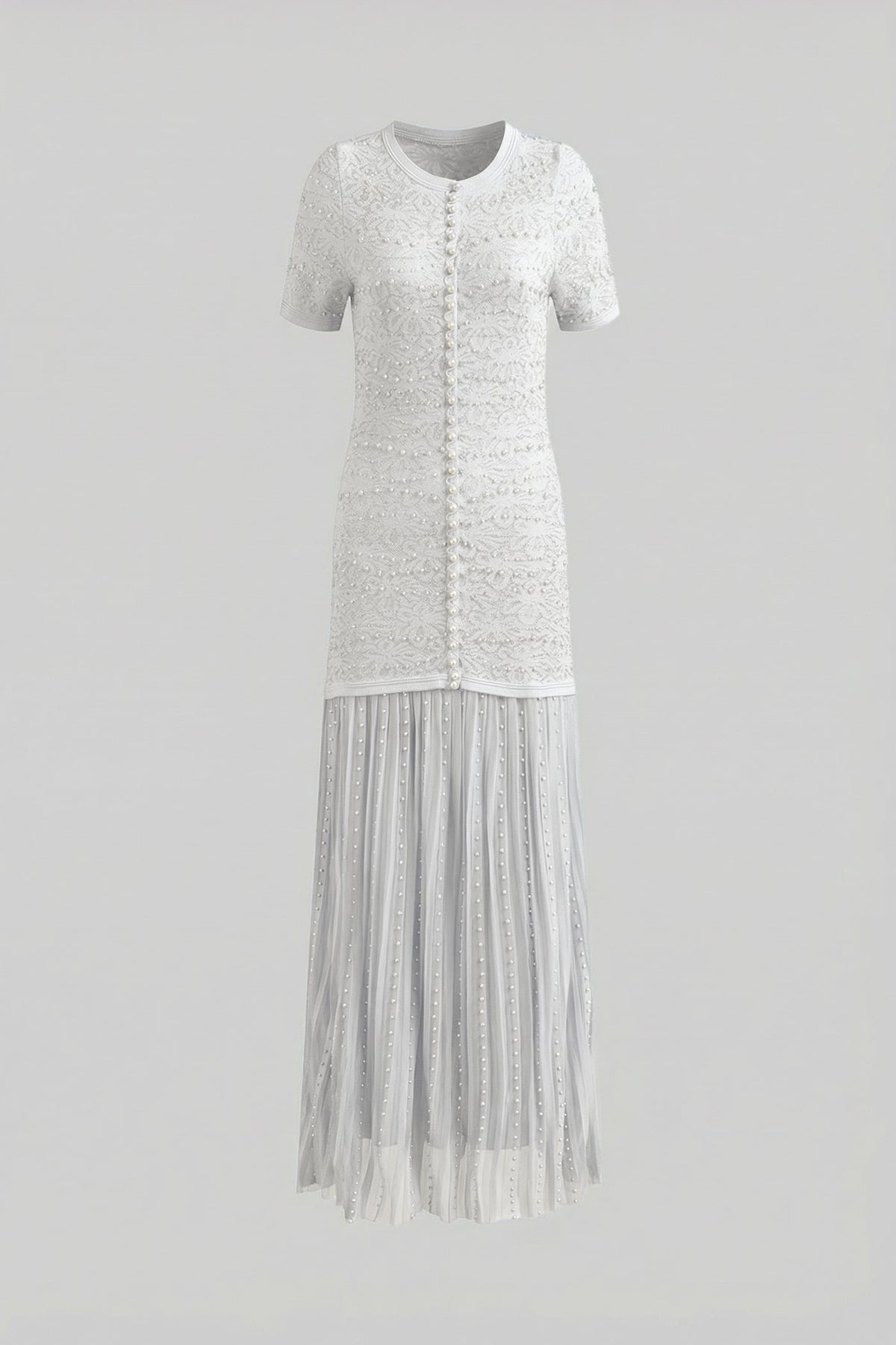 Celestine White Short Sleeve Midi Dress With Pearl Embellishments