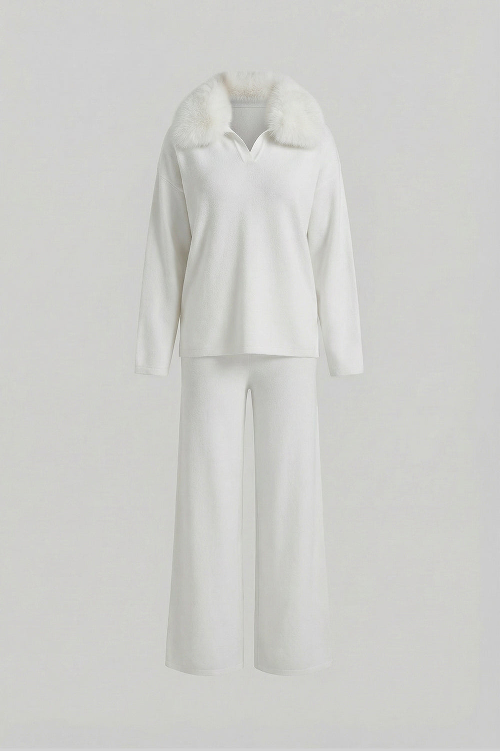 Elodie White Knit Lounge Co-Ord Set with Fox Fur Collar