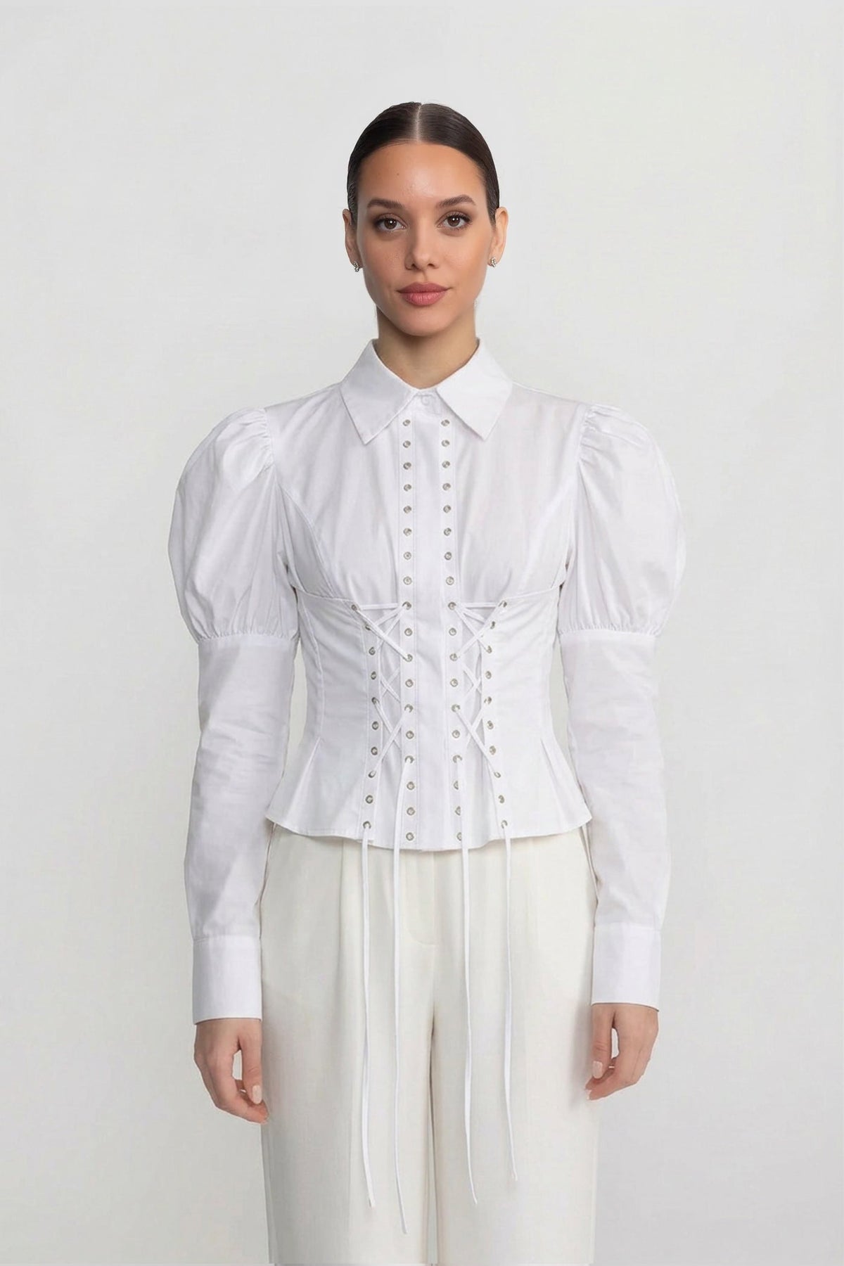 Long Sleeve Shirt With Corset Lace-Up Detail - White