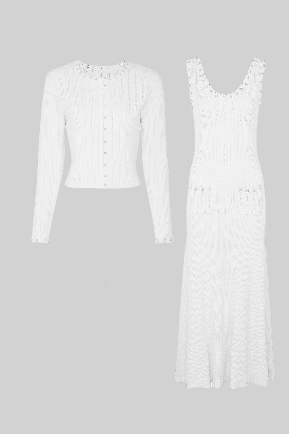 Mirabelle White Ribbed Knit Dress and Cardigan Set With Pearl Button Detailing