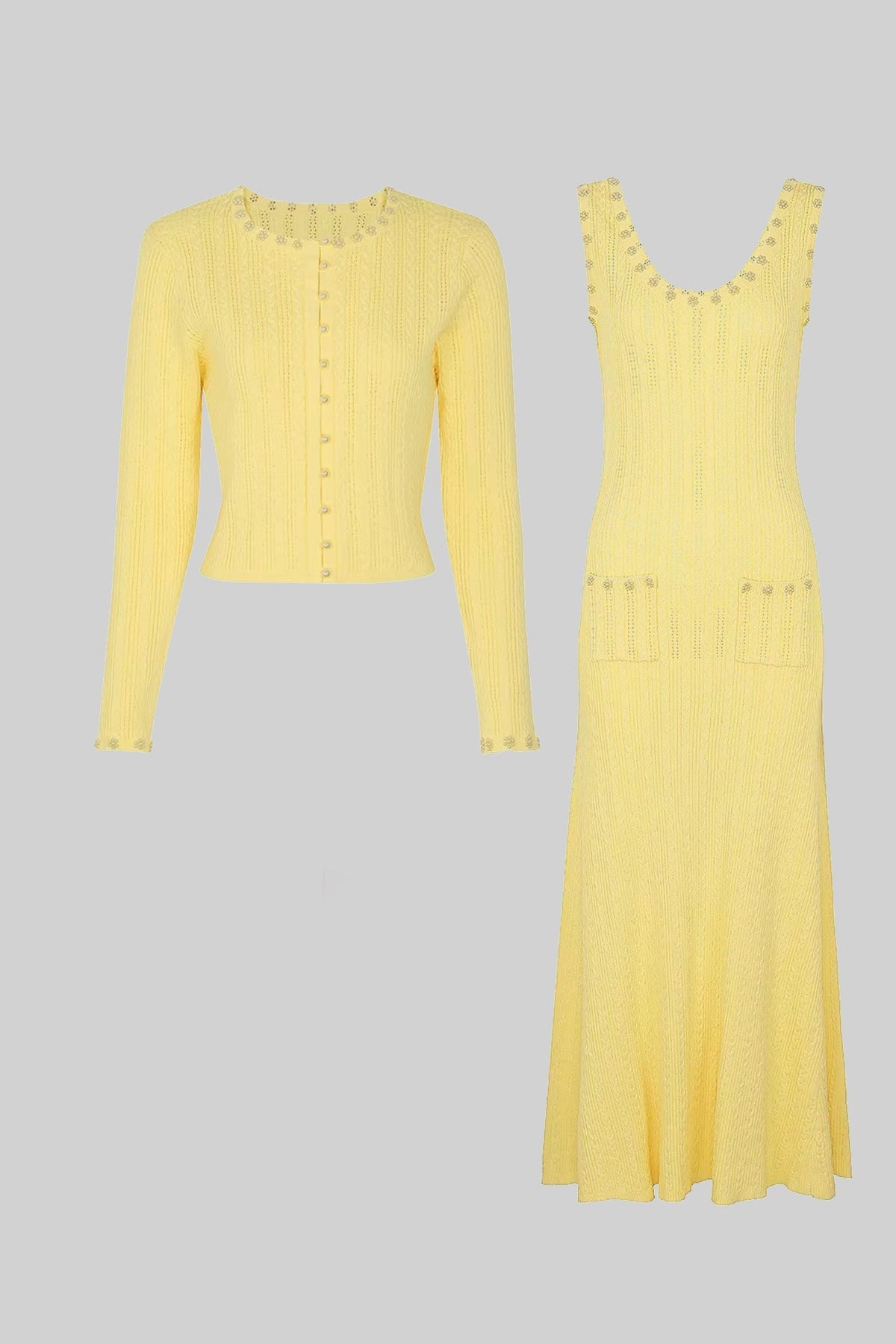 Mirabelle Yellow Ribbed Knit Dress and Cardigan Set With Pearl Button Detailing