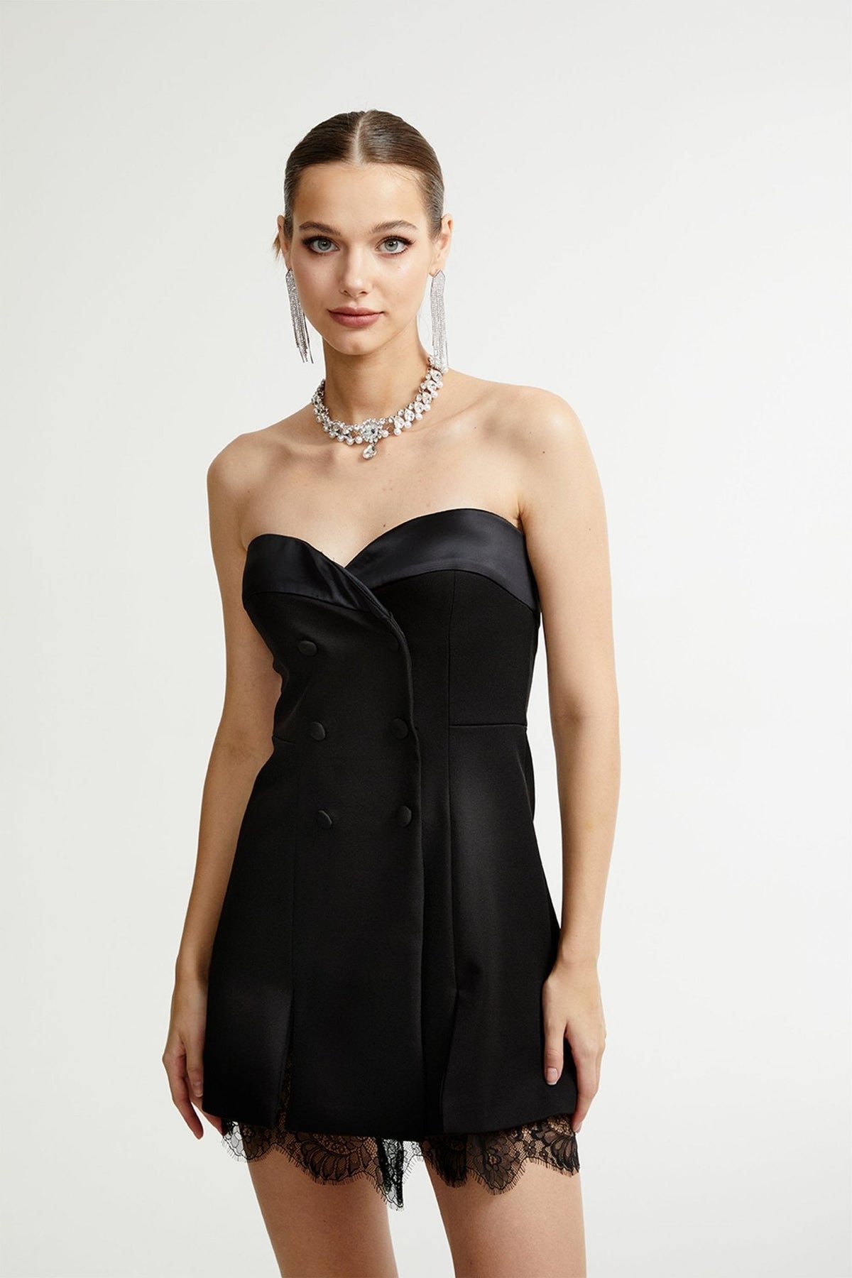 Zephyra black lace-detail mini dress