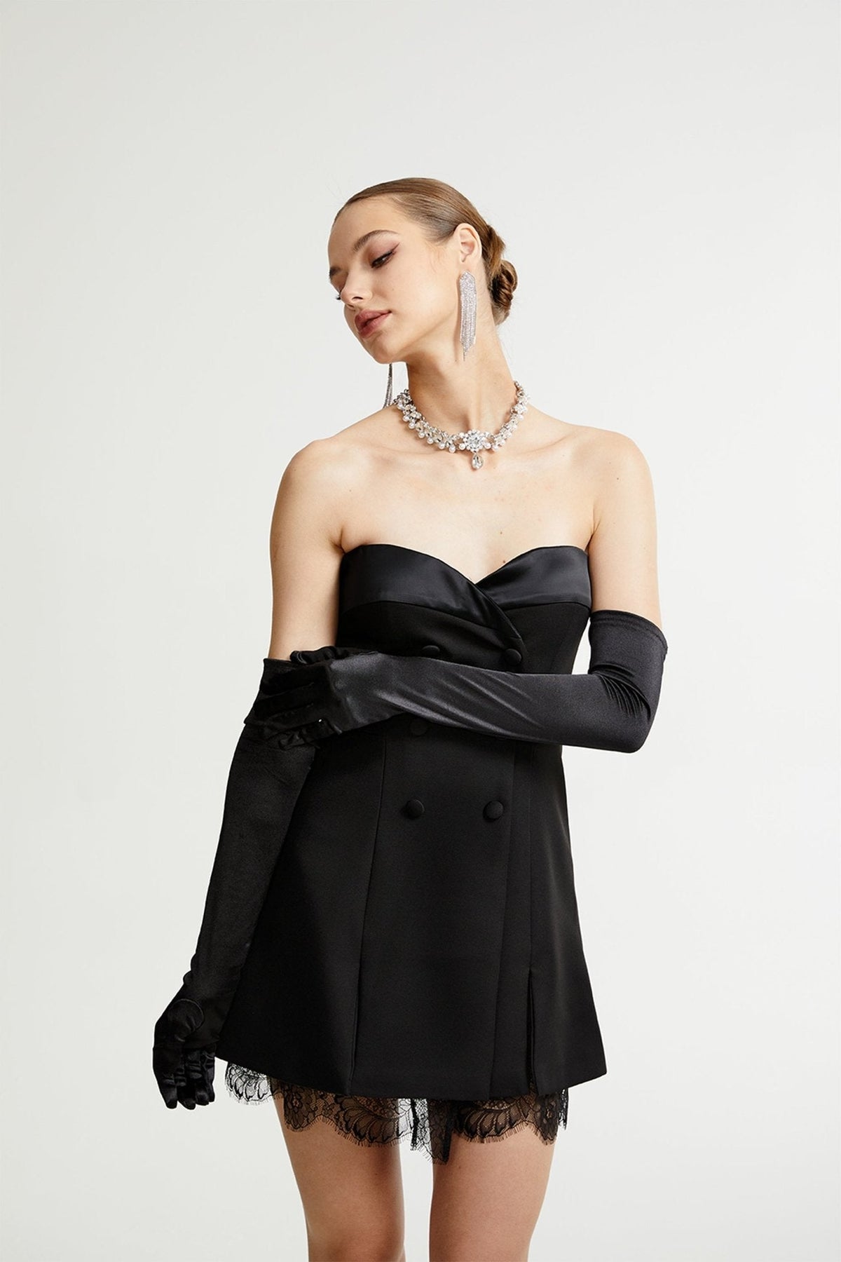 Zephyra black lace-detail mini dress