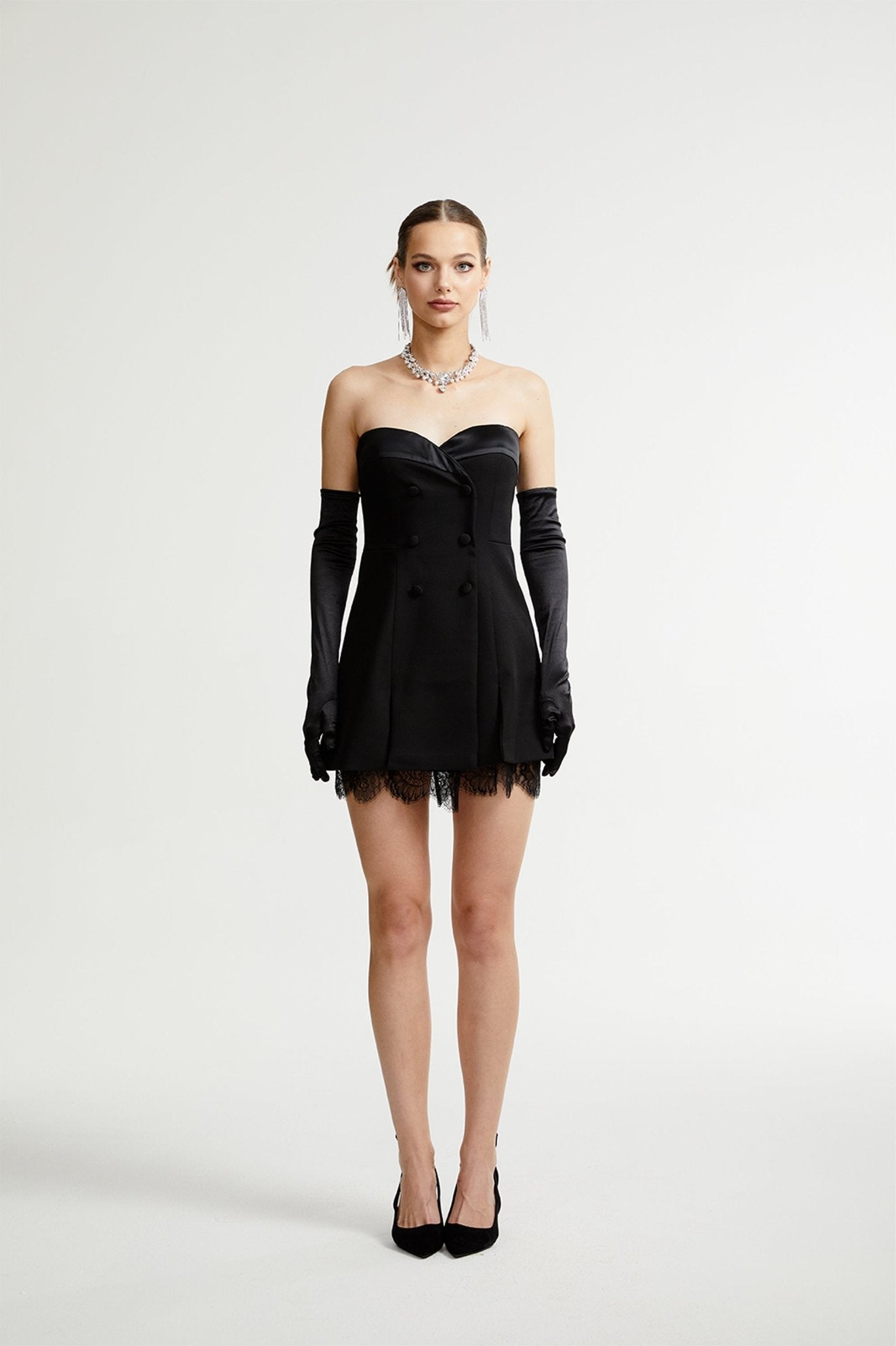 Zephyra black lace-detail mini dress