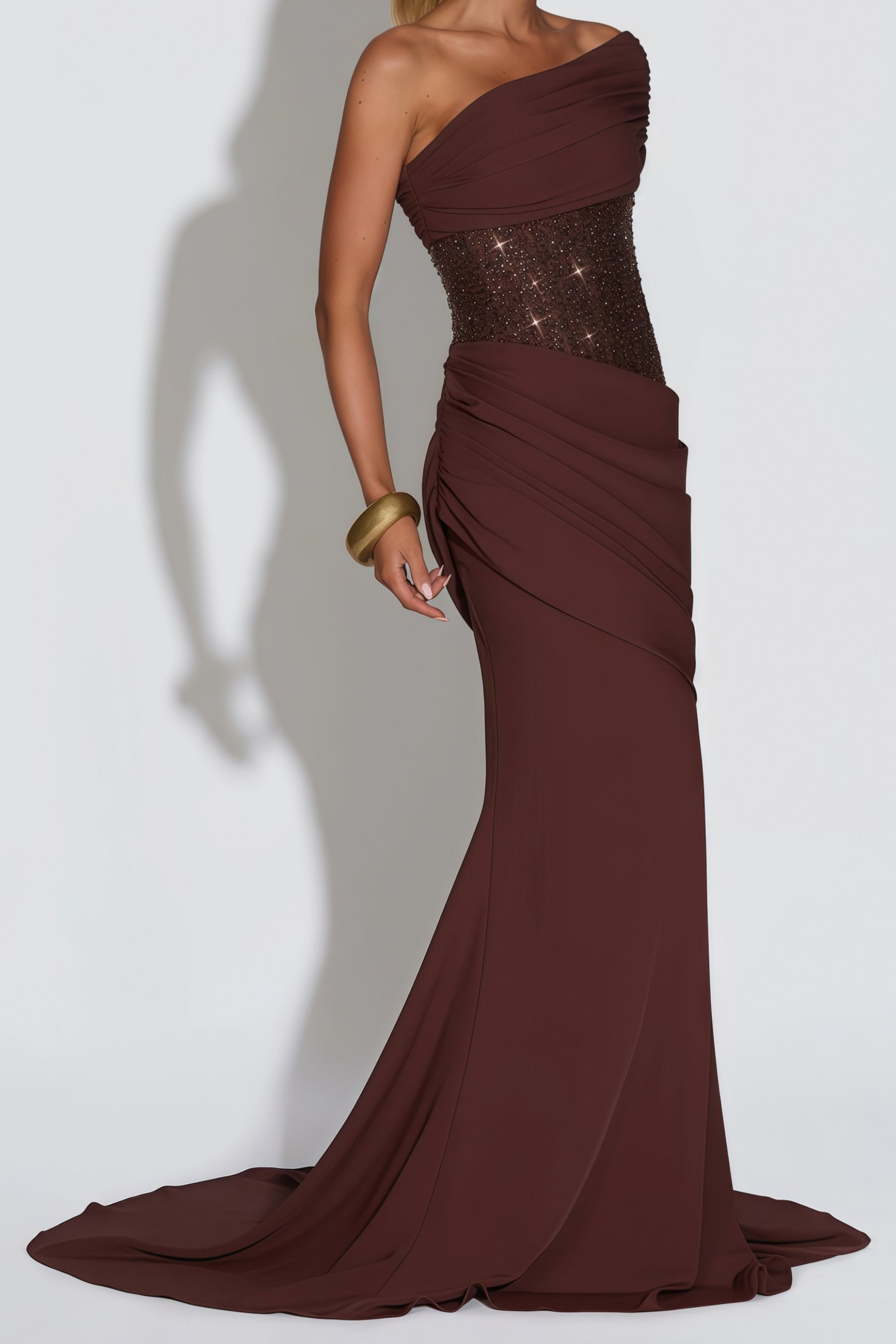 Giada Brown Sequined Asymmetrical Ruched Maxi Gown (Final Sale-US Only)
