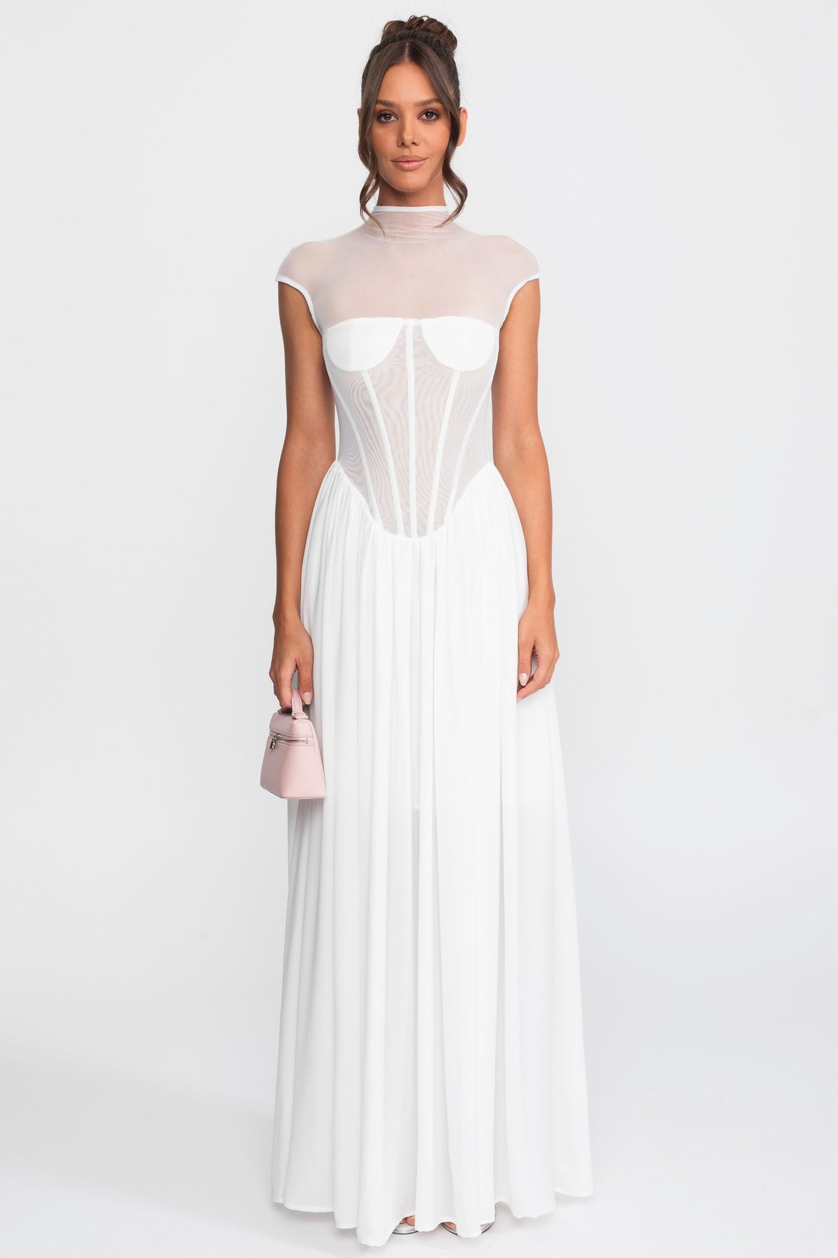 Sheer Corset Maxi Dress With Cap Sleeves - White