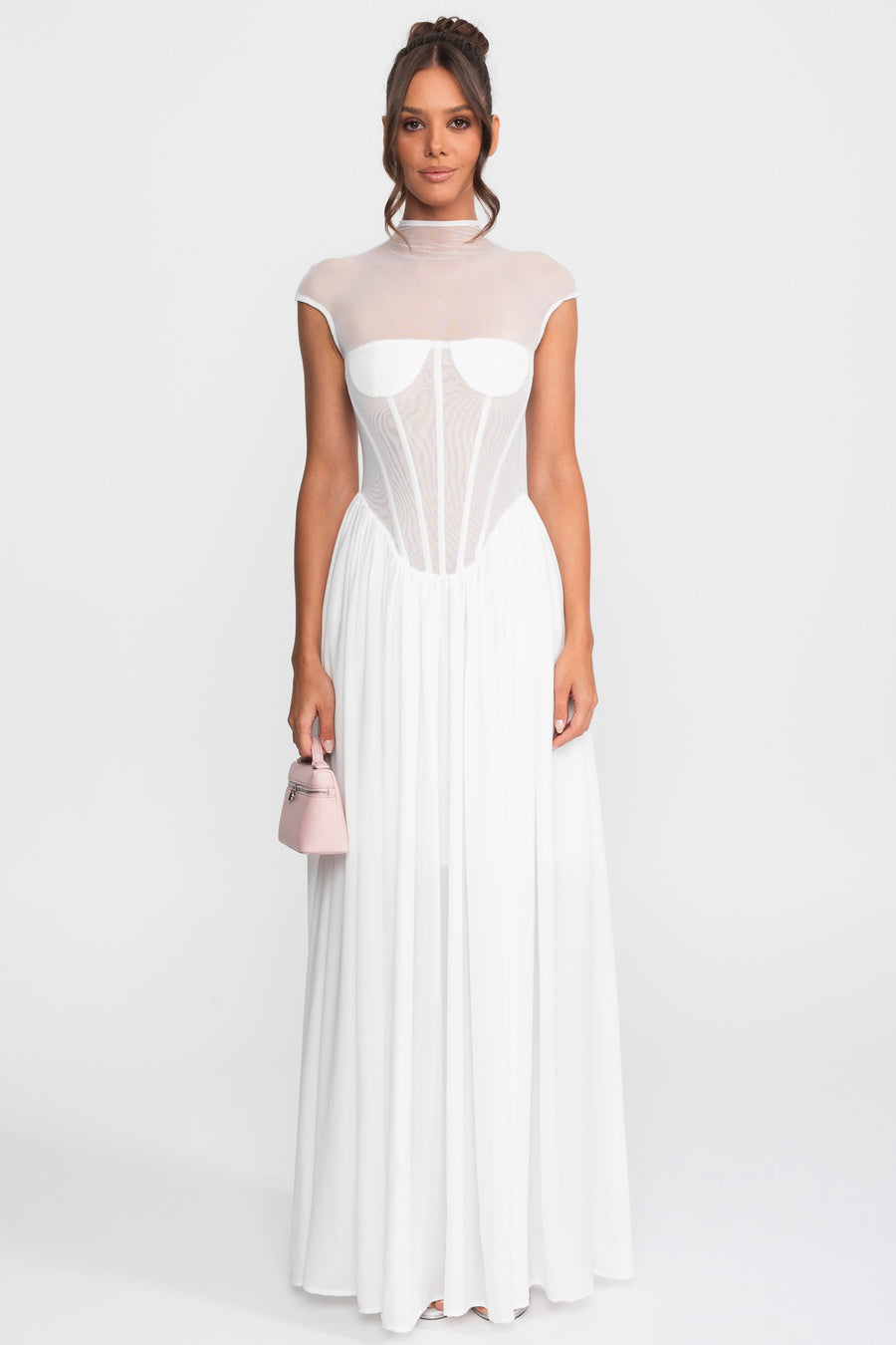Sheer Corset Maxi Dress With Cap Sleeves - White