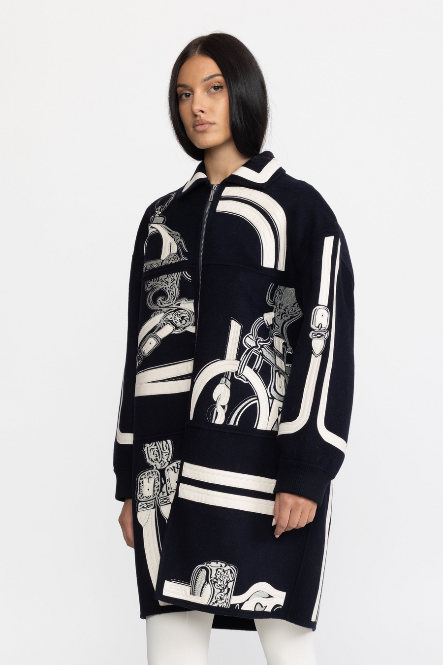 Equestrian Applique Embroidered Wool Zip Coat - Navy