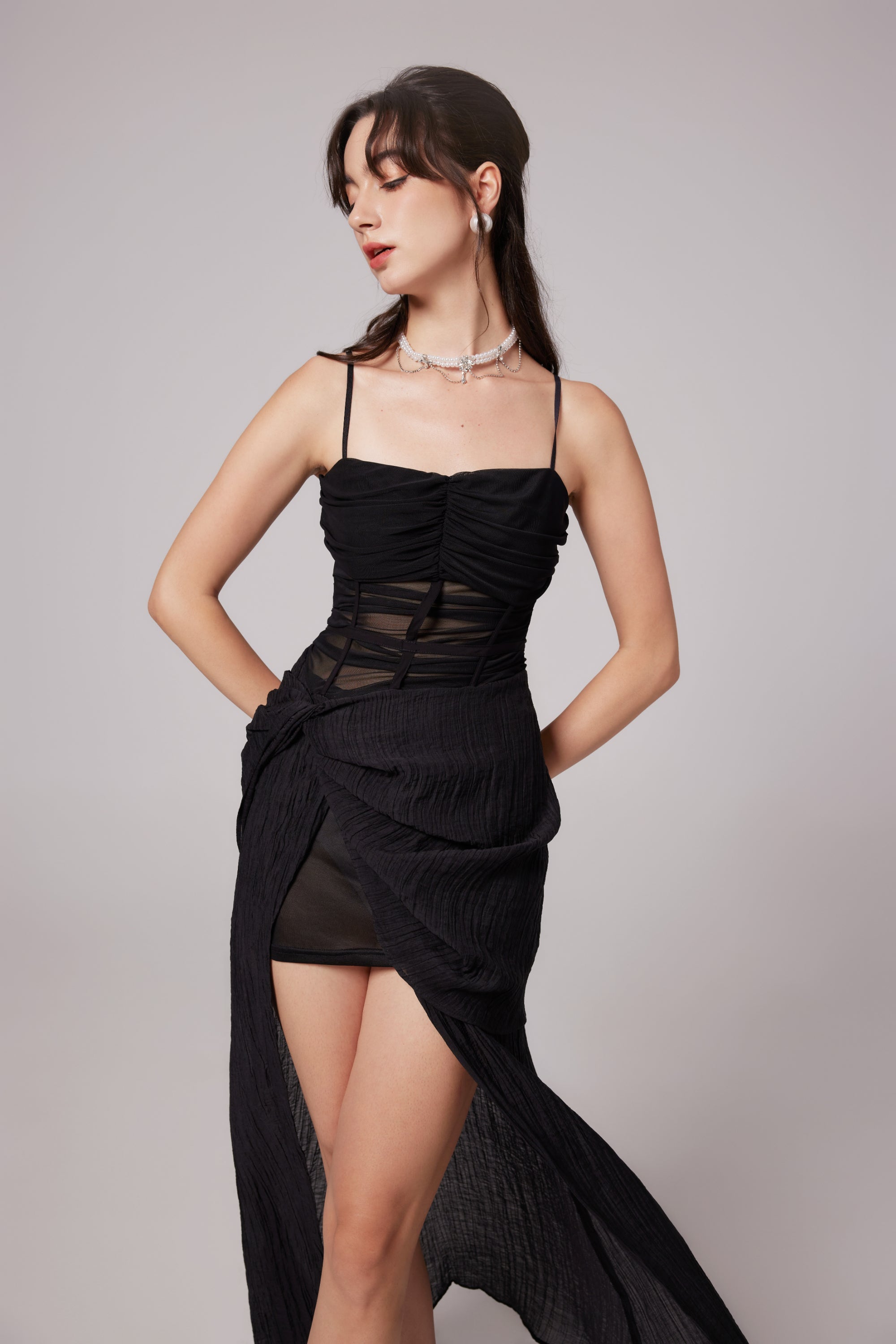 Guinevere black sheer asymmetrical midi dress