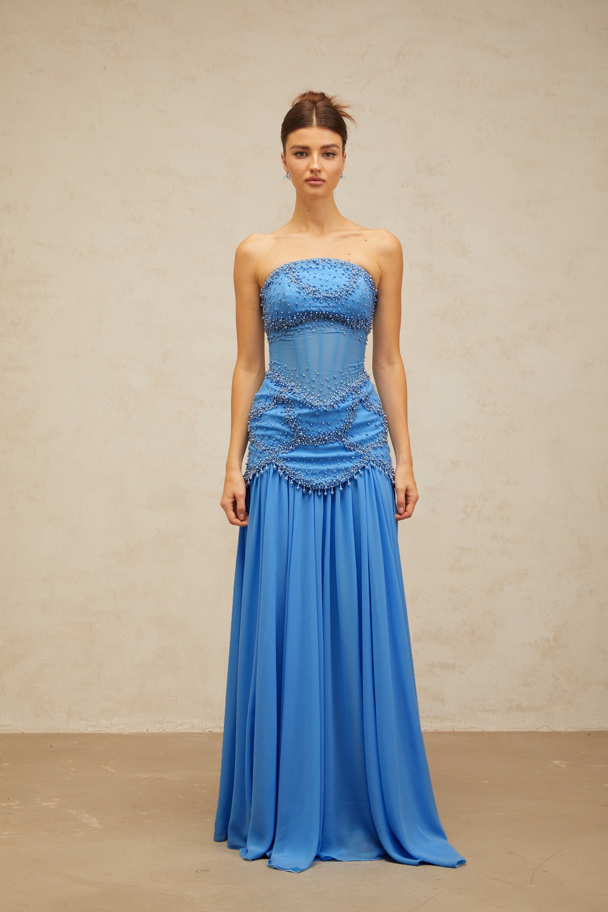 Gaëlle blue faux-pearl-embellished pleated maxi dress (Final Sale-US Only)