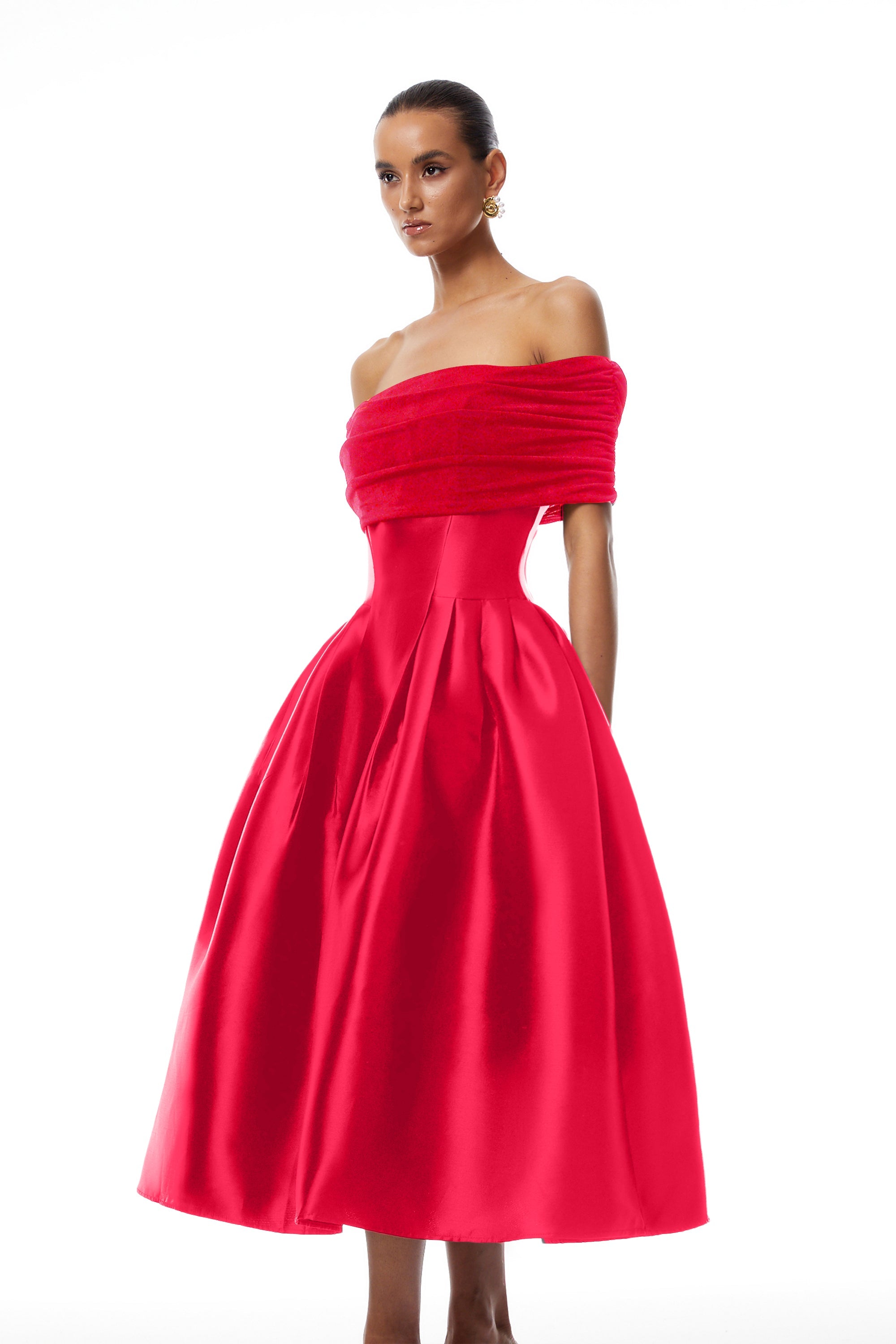 Ainara Red Off Shoulder Polished Midi Dress (Final Sale-US Only)