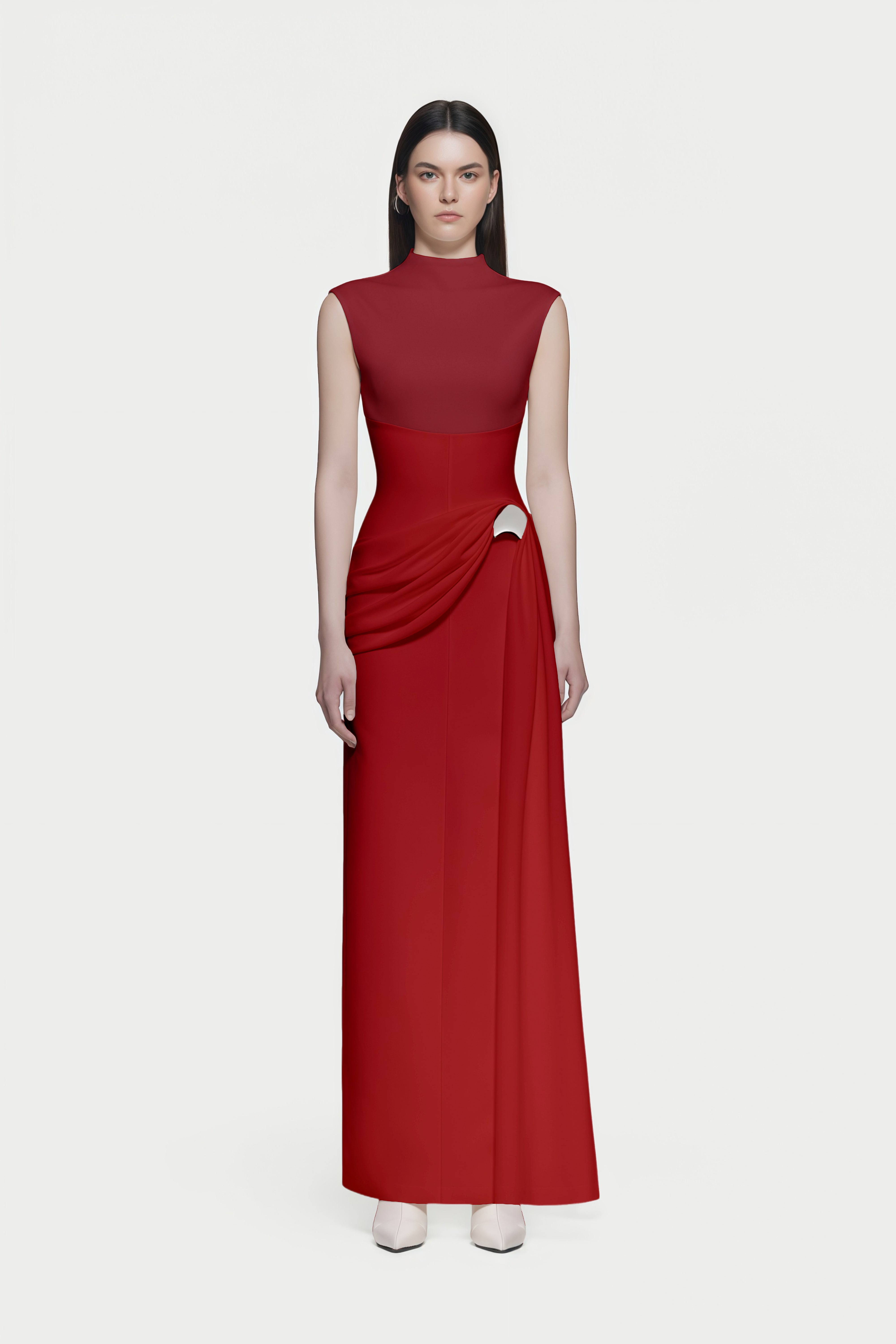 Arna Red Knit Panel Gathered Maxi Dress