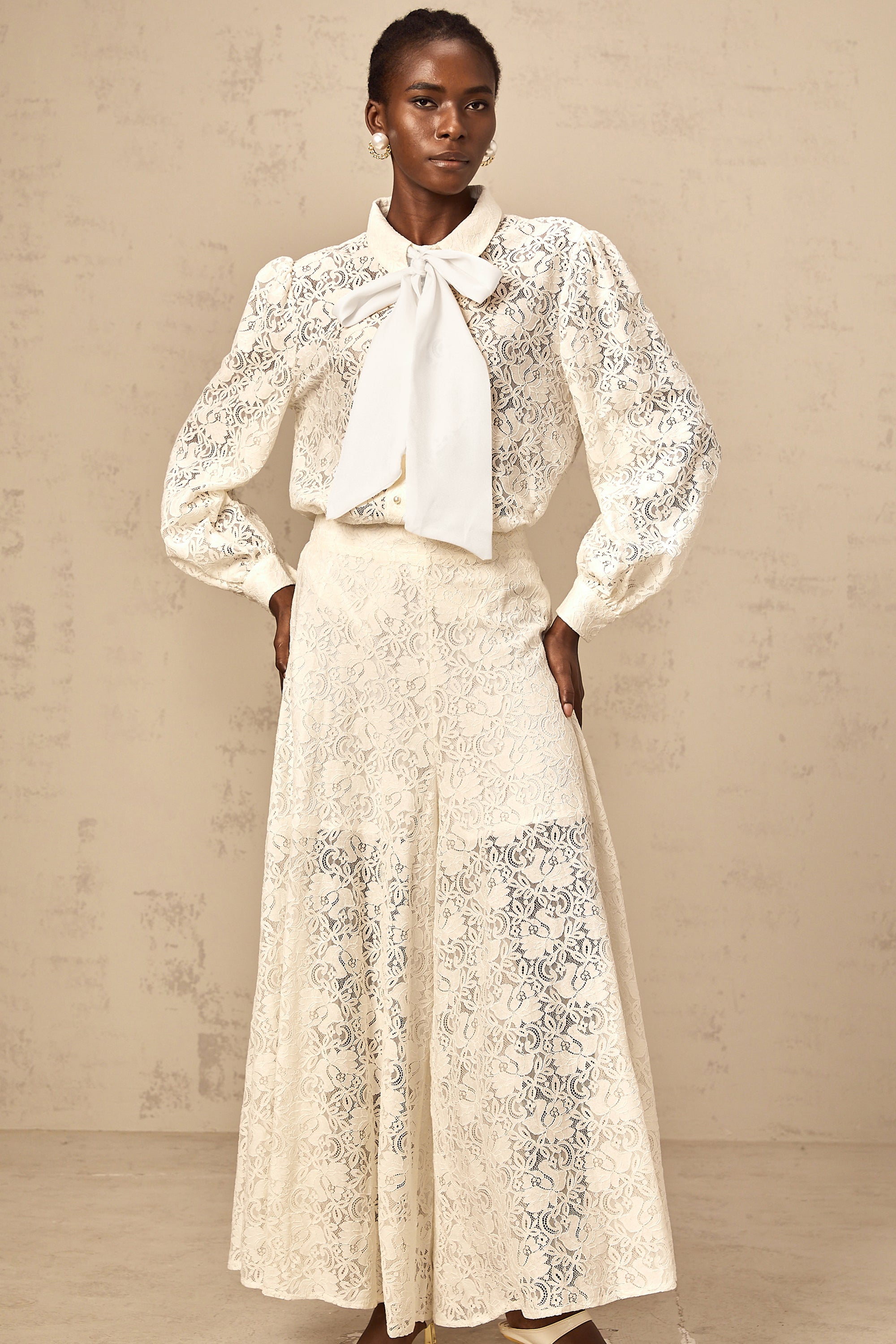 Vanessa white guipure-lace shirt & trousers matching set (Final Sale-US Only)