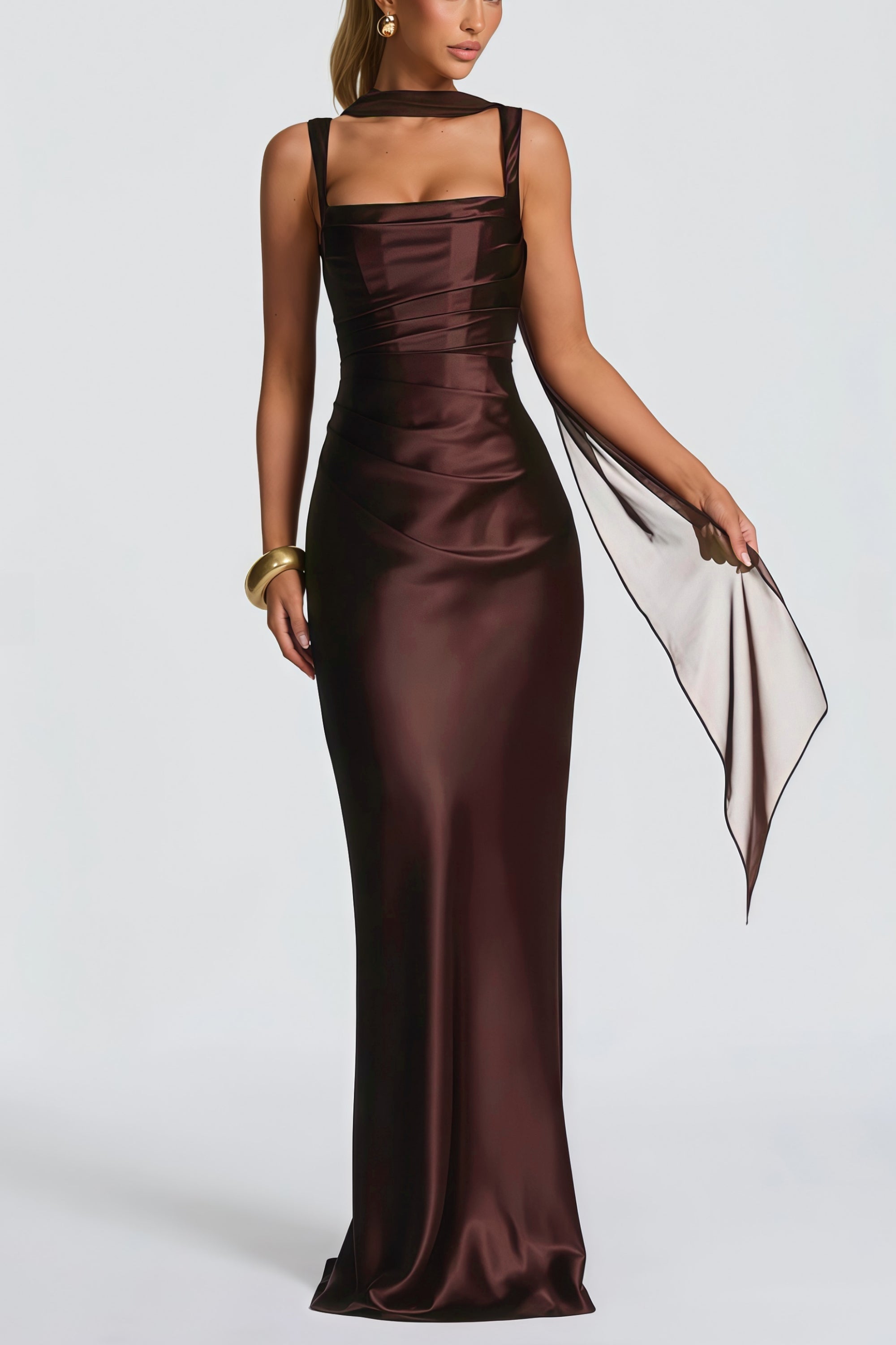 Inmaculada Brown Ruched Satin Maxi Dress