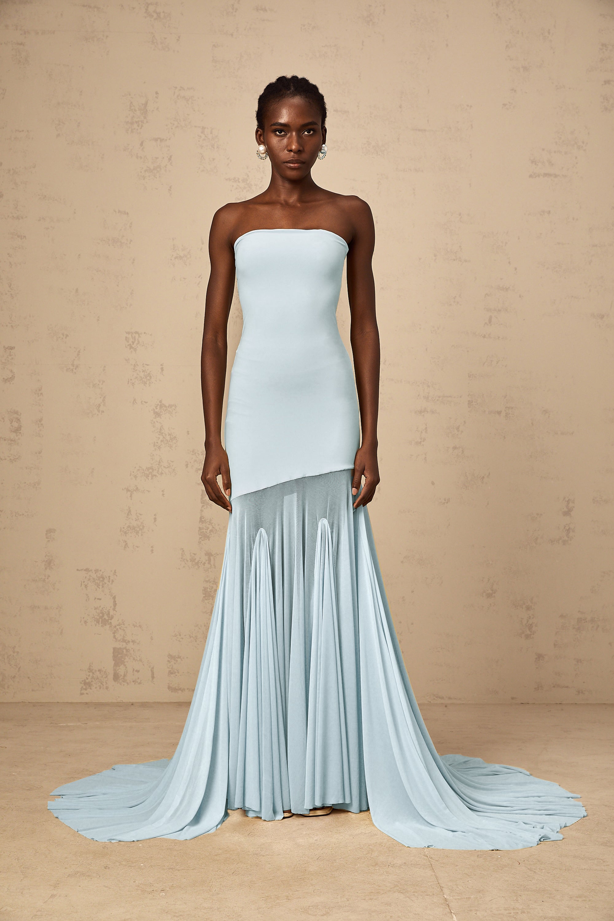 Josiane Blue Off-shoulder Sheer Tulle Maxi Dress