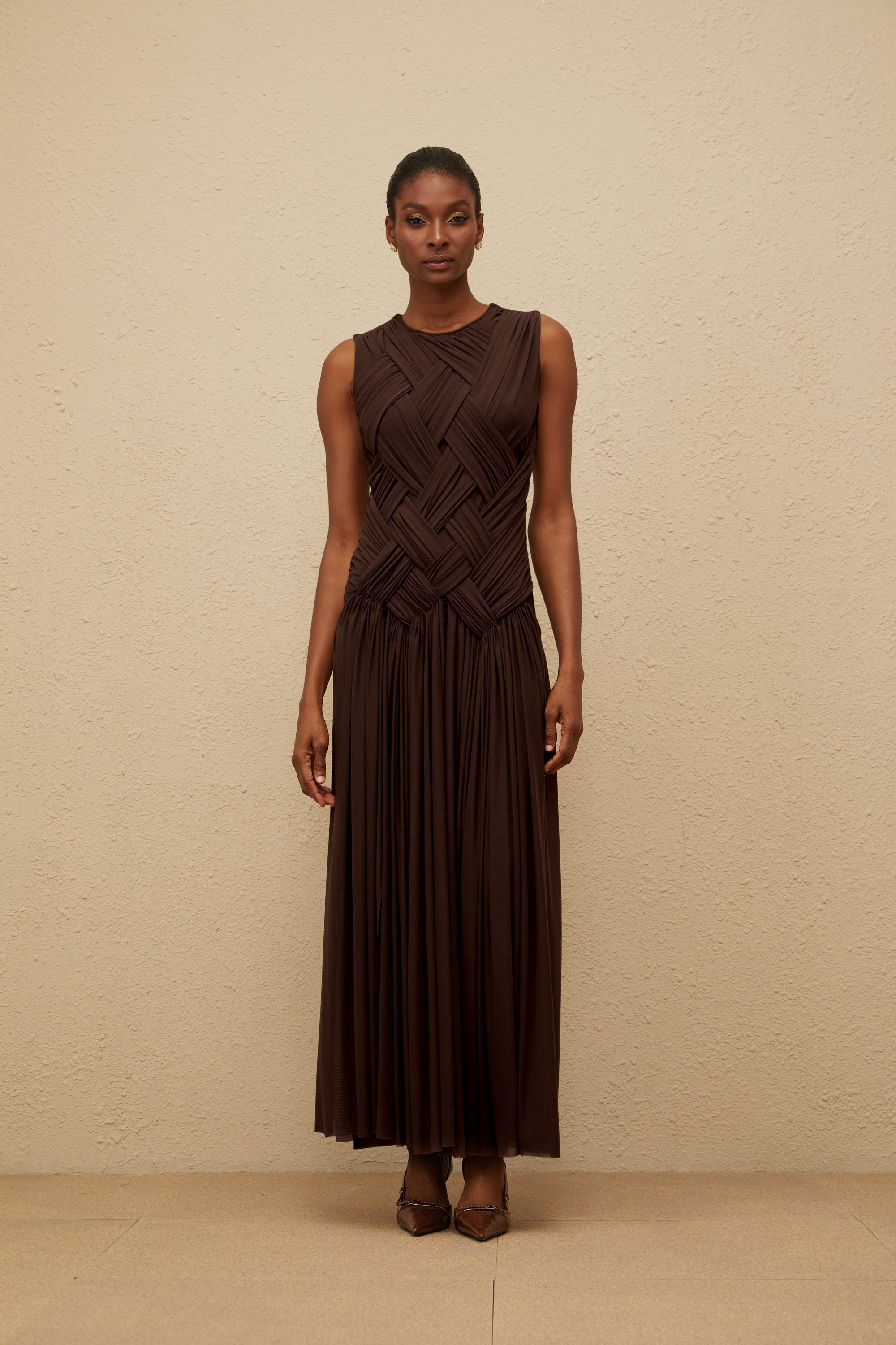 Daphné Brown Asymmetrical Braided Tulle Midi Dress
