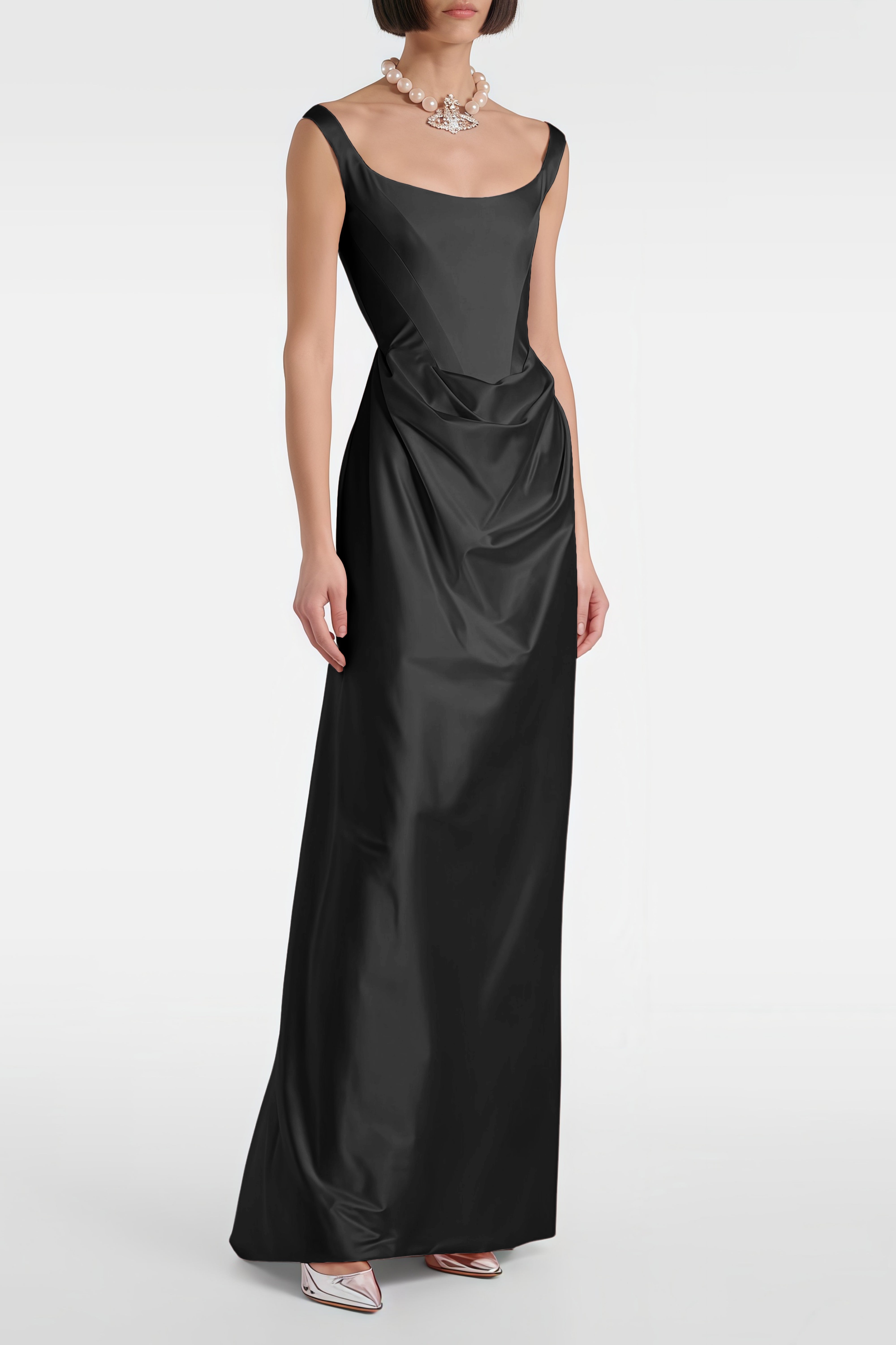 Fiona Black Satin Square Neck Maxi Dress