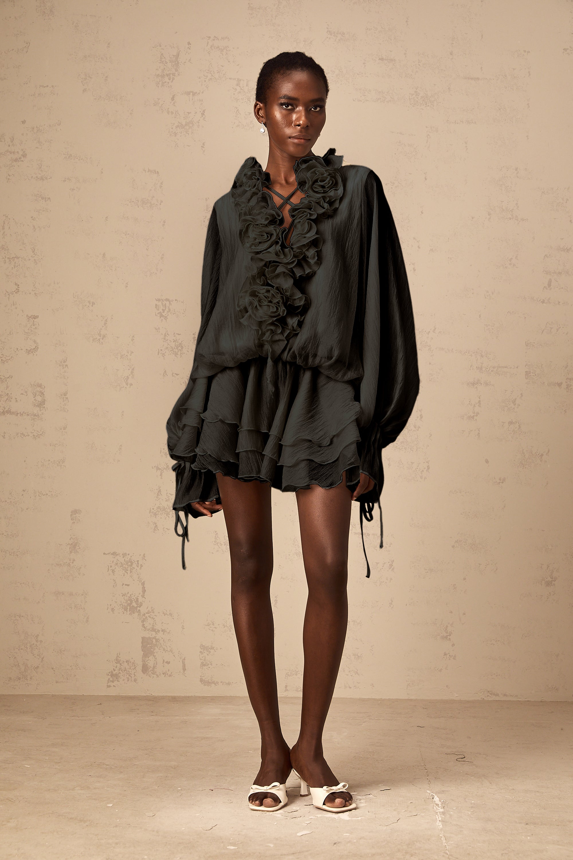 Zéphyrine floral-appliqué tiered mini dress in Black (Final Sale-US Only)