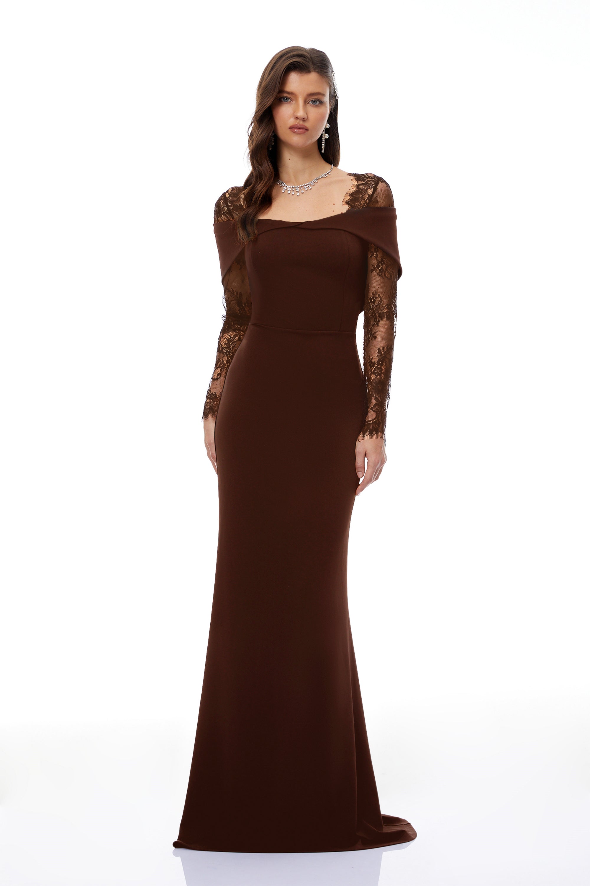 Georgiana Brown Lace Panel Flared Maxi Gown (Final Sale-US Only)