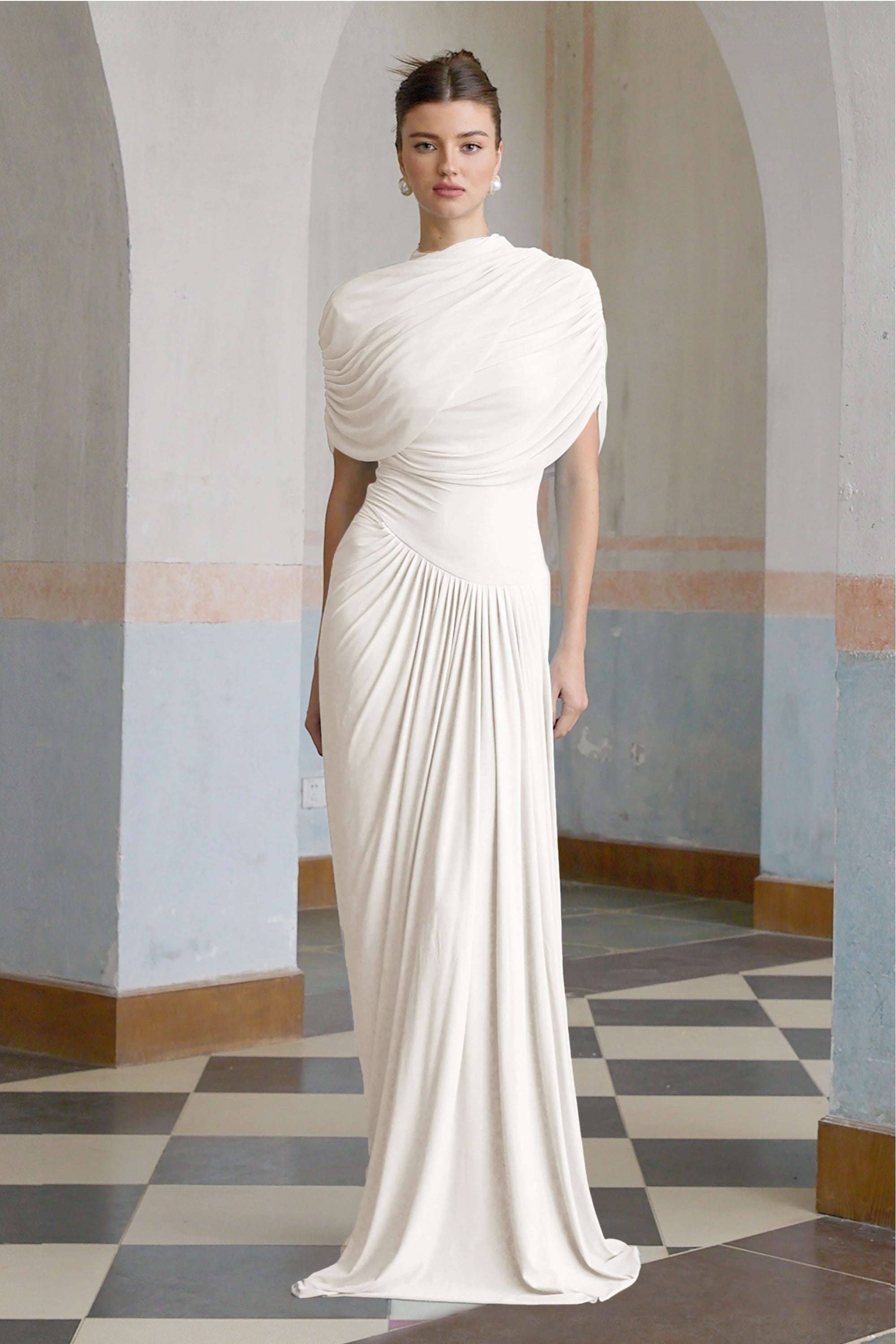 Catherine asymmetric pleated maxi dress in White