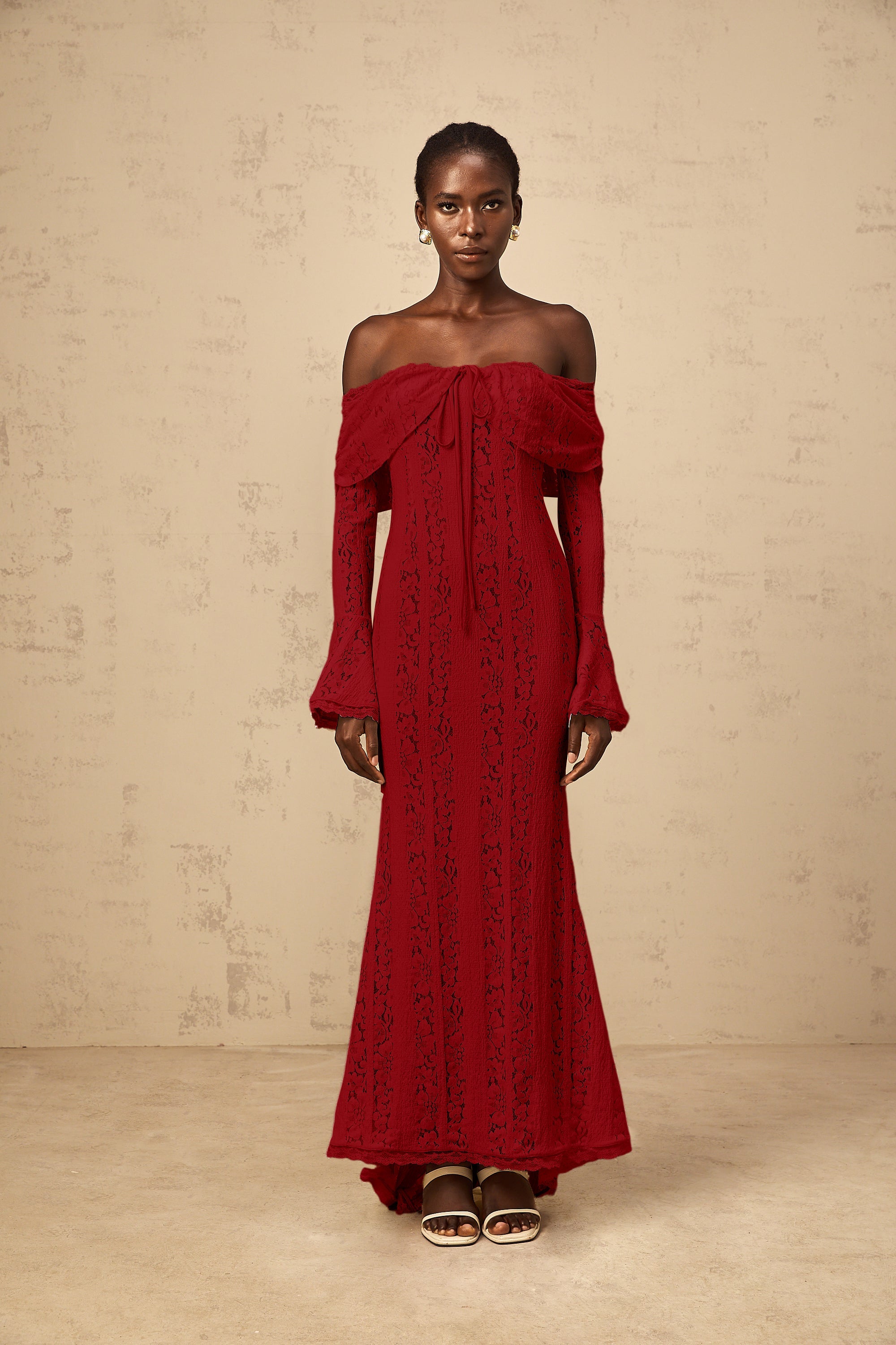 Émeline floral lace train-design maxi dress in Red (Final Sale-US Only)
