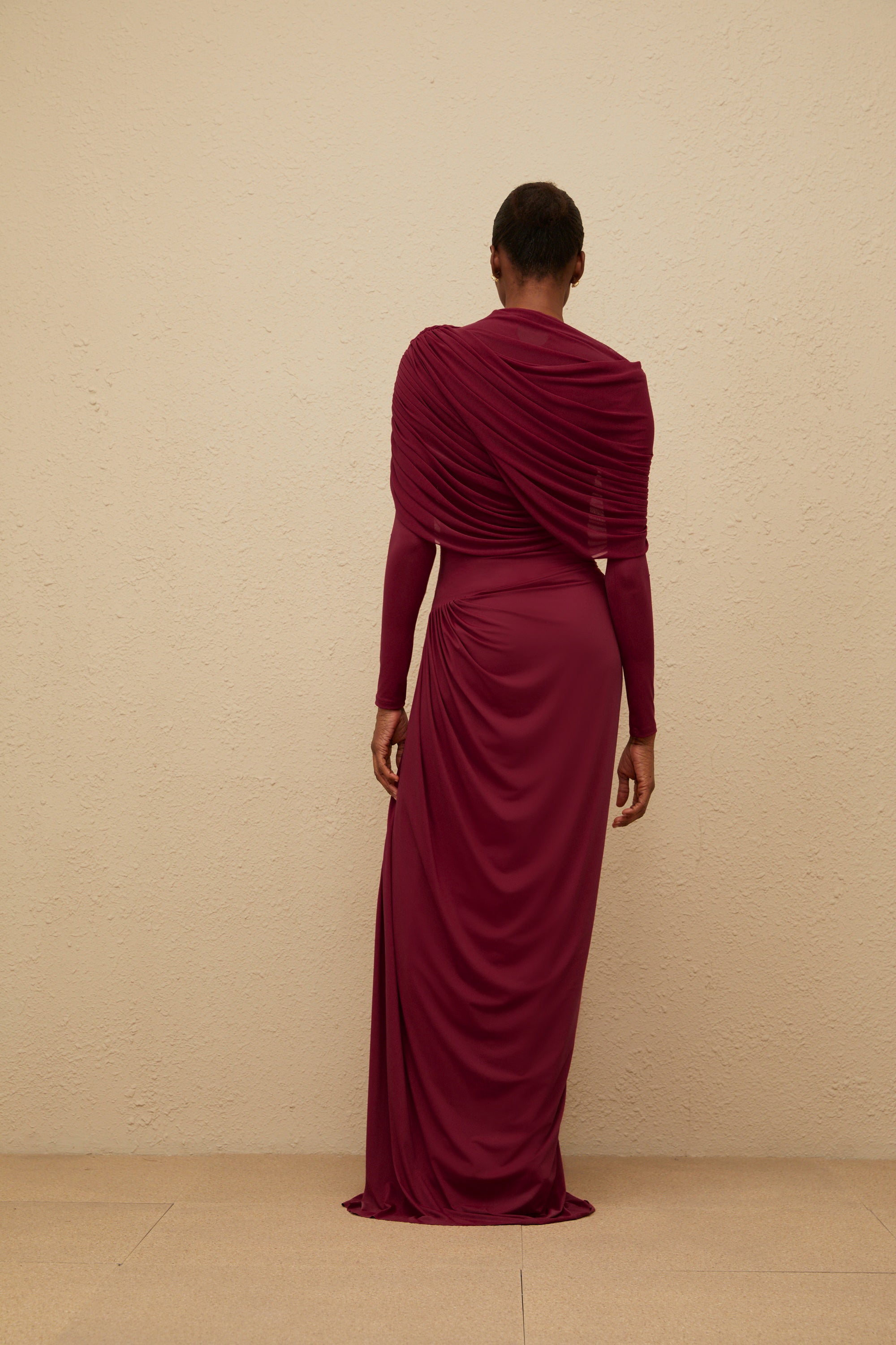 Catherine Red Asymmetrical Pleated Long-Sleeve Maxi Dress
